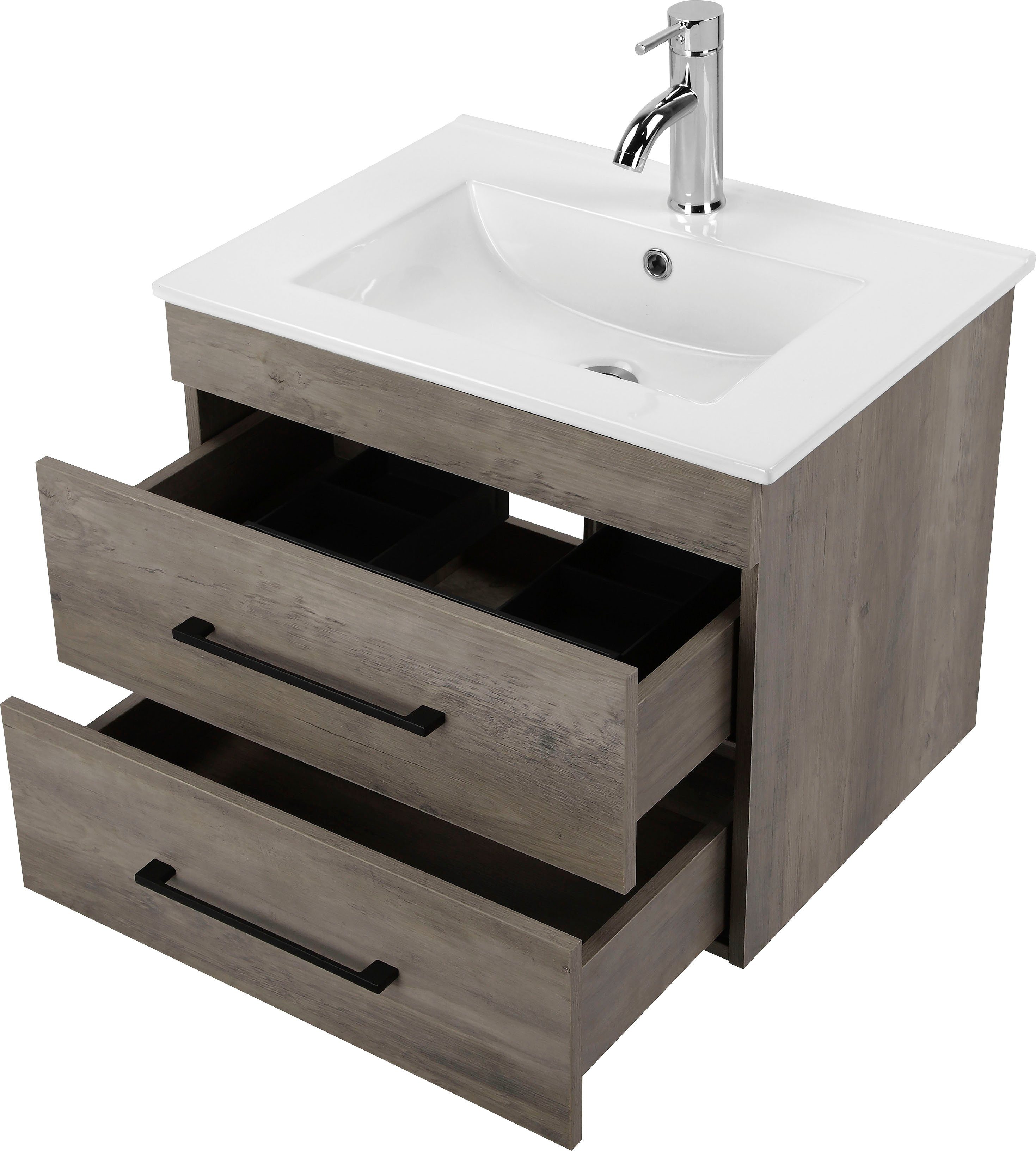 welltime Waschtisch Florenz Badschrank Badmöbel inkl. Waschbecken (Komplett-Set), Waschplatz mit 2 Auszügen und Softclose Breite 60cm – Bild 5 von 5