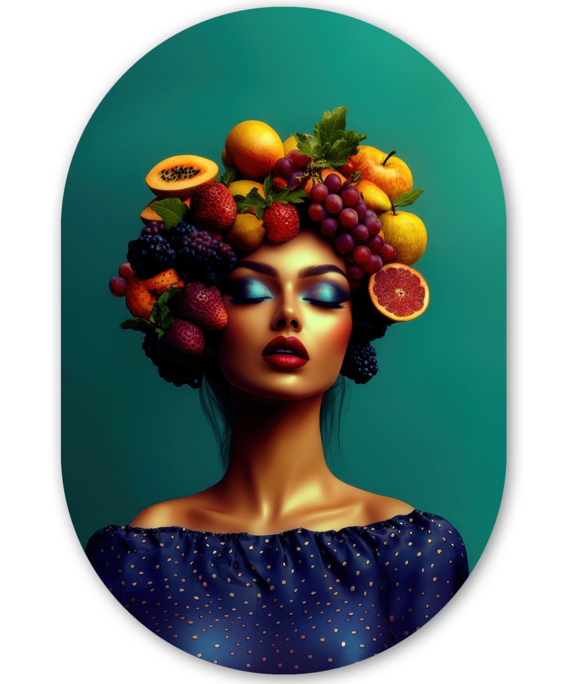 MuchoWow Gemälde Frau - Kapuzenoberteil - Tropisch - Obst - Weintrauben, Fotodruck (1 St), Wandbild Oval, Wohnzimmer oder Schlafzimmer Wanddekoration, 40x60 cm