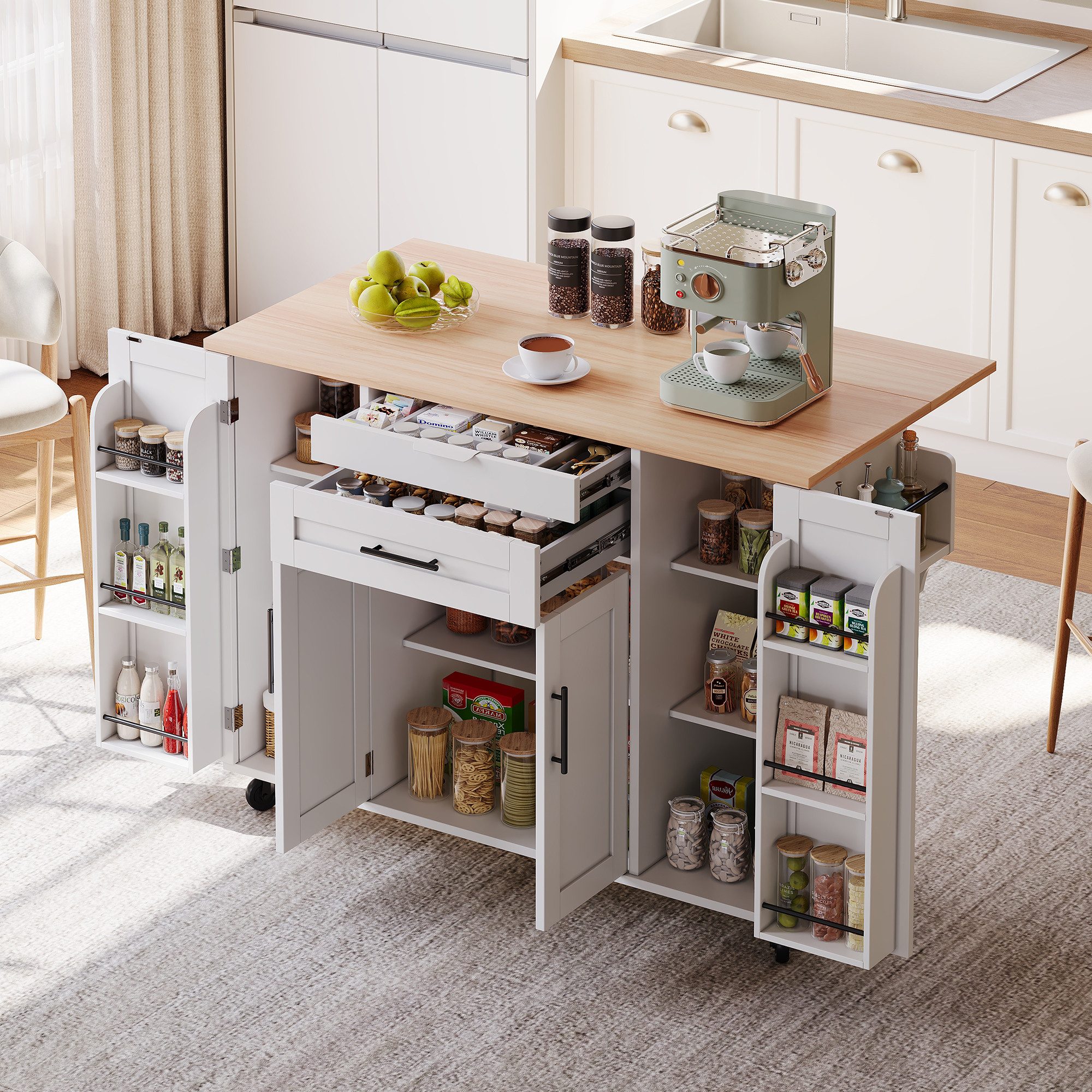Celya Kücheninsel Küchenwagen,ausziehbare Arbeitsplatte, verstellbare Einlegeböden, (verdeckte Besteckschublade, Gewürzregal und Handtuchhalter), Ideal für Esszimmer, Wohnzimmer und Küche