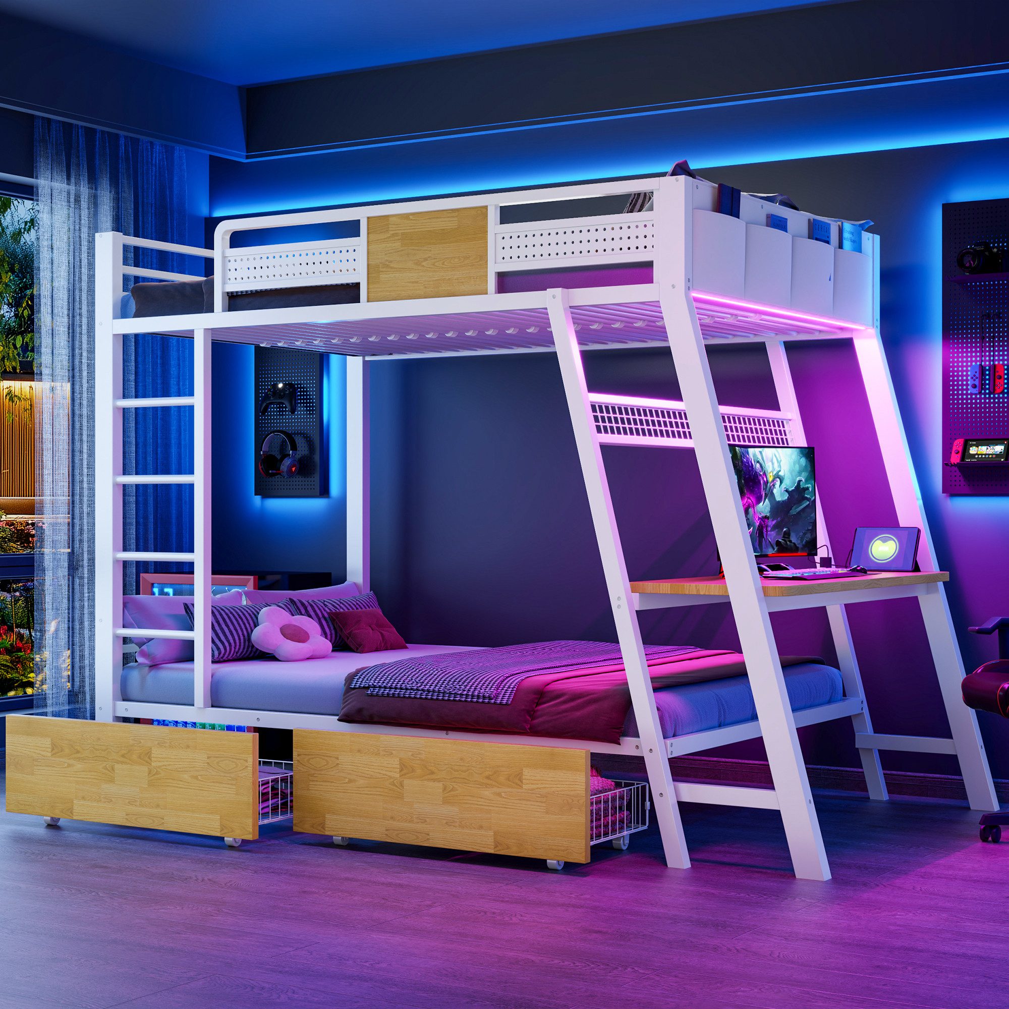 Flieks Etagenbett, Metallbett 90×200cm mit Schreibtisch, LED-Leiste, Aufladen, Schubladen