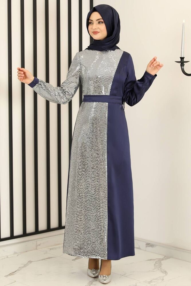 Modavitrini Paillettenkleid Damen Abendkleid silbernes Kleid Hijabmode Modest Fashion Abiye Pailletten, Silber Navy blau
