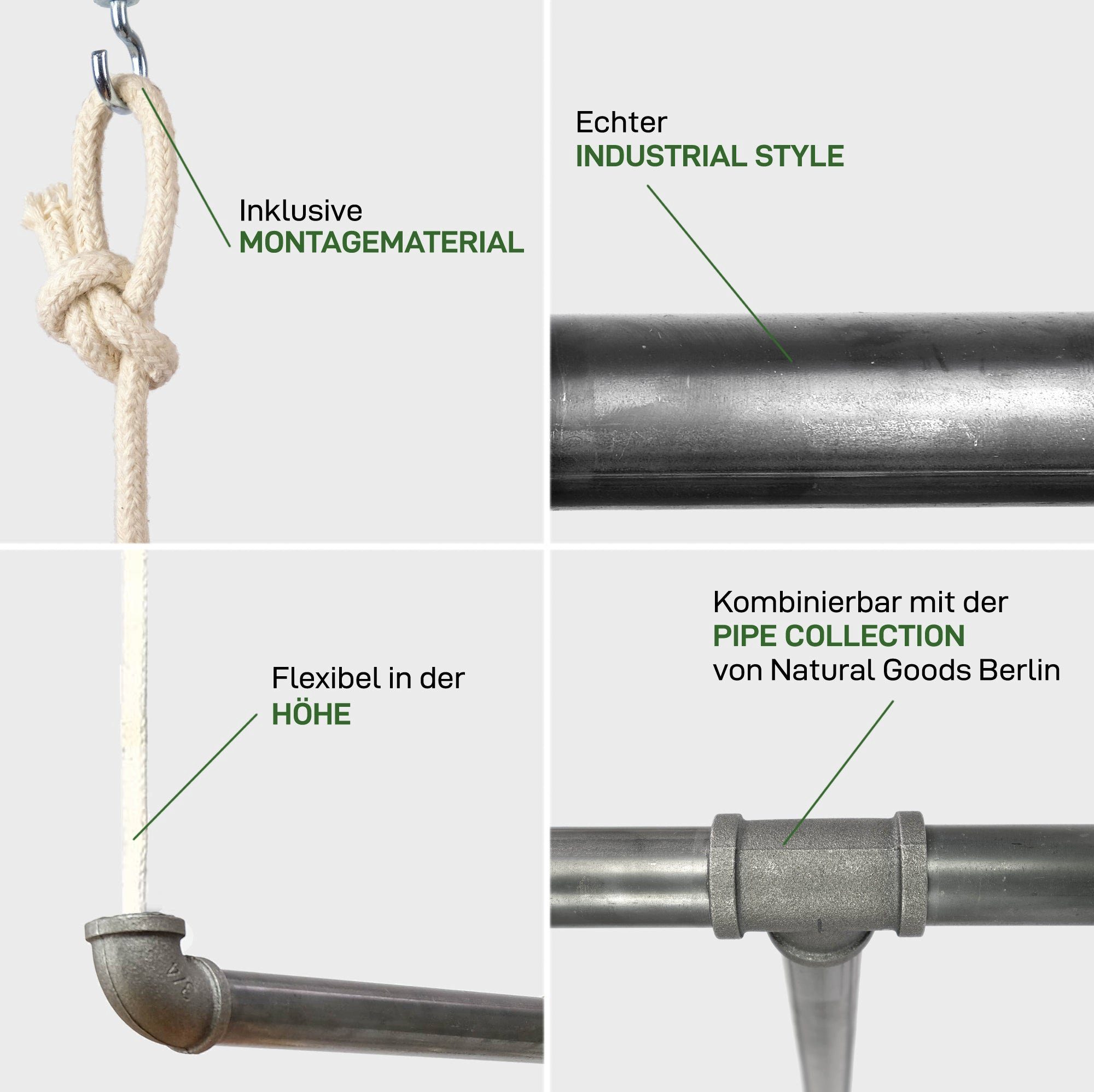 Natural Goods Berlin Garderobenstange Pipe GARD Swing, (1 St), Kleiderstange, Garderobenhalter, Hängegarderobe, Temperguss
