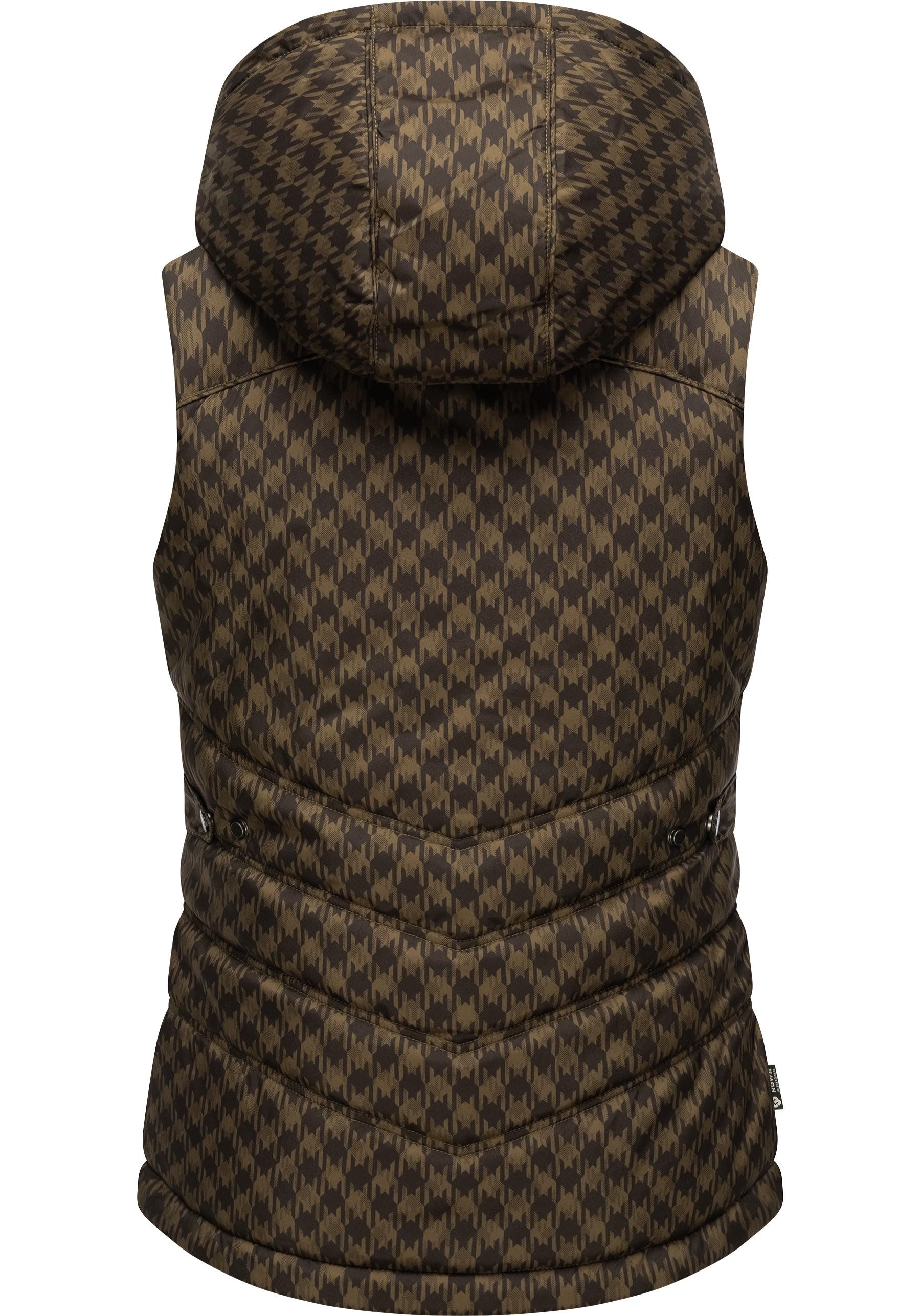 Ragwear Steppweste Hesty Print Weste mit abnehmbarer Kapuze und Hahnentritt Muster