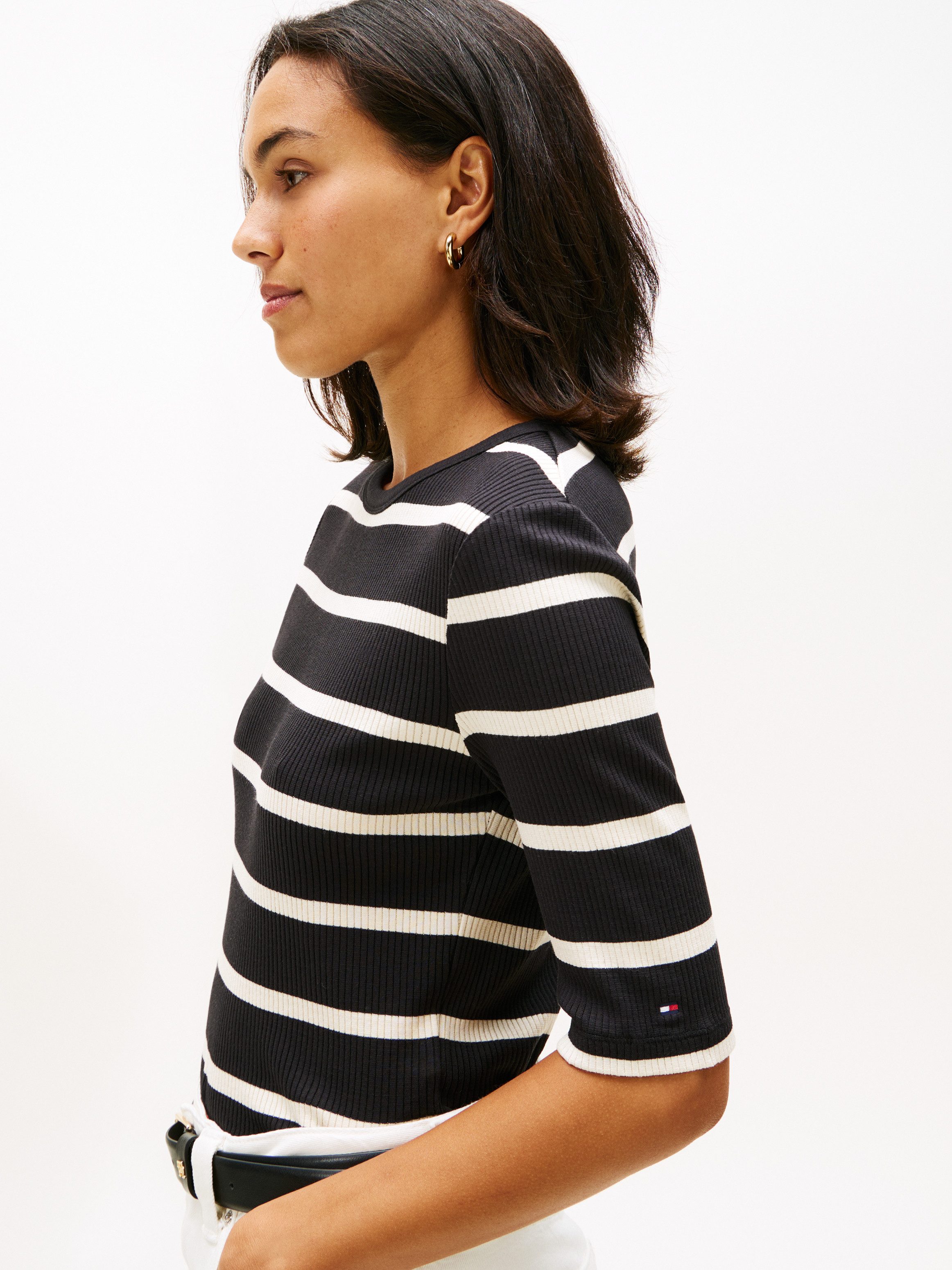 Tommy Hilfiger Kurzarmshirt SLIM 5X2 RIB C-NK 1/2 SLV mit Rundhals und Rippstruktur unifarben, casual, slim fit, Viskosemix, Rundhals