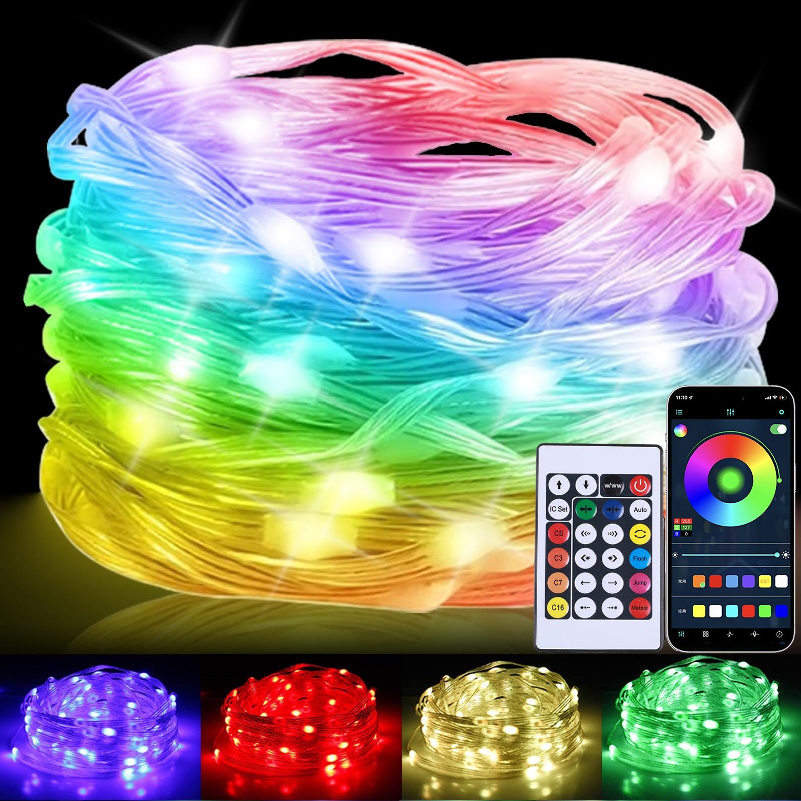 Timer Farbwechsel 10M Innen Sync mit Party Musik Kupferdraht Bluetooth IP67 RGB Weihnachtsbeleuchtung, Lichtschlauch Sunicol Fernbedienung Außen LED-Lichterkette