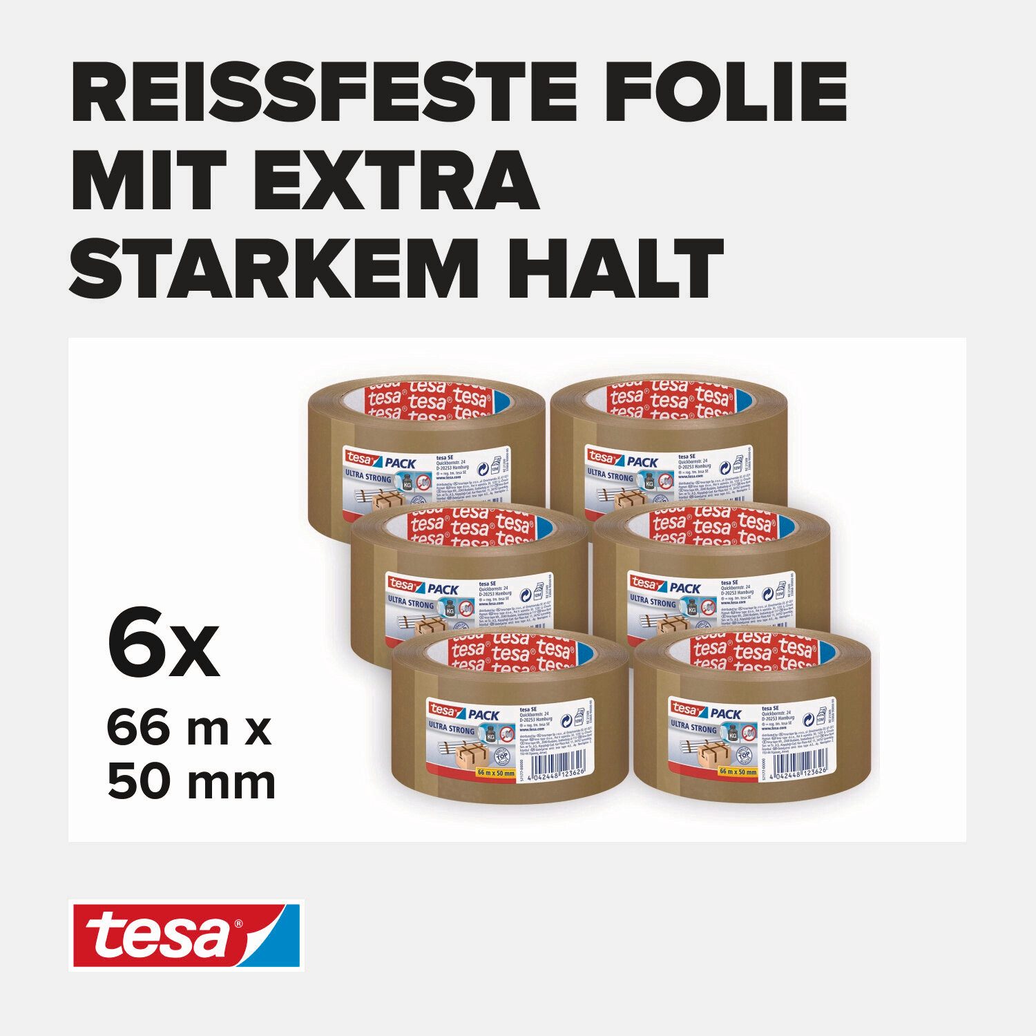 Thumbnail - tesa Klebeband tesapack ULTRA STRONG extra starkes Paketklebeband (Spar-Set, 6-St) braun - 66 m : 50 mm