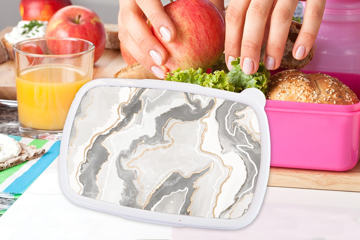 MuchoWow Lunchbox Marmor - Braun Brotbox Erwachsene, Kinder, Kunststoff rosa Brotdose (2-tlg), Snackbox, für Mädchen, - Weiß, Kunststoff