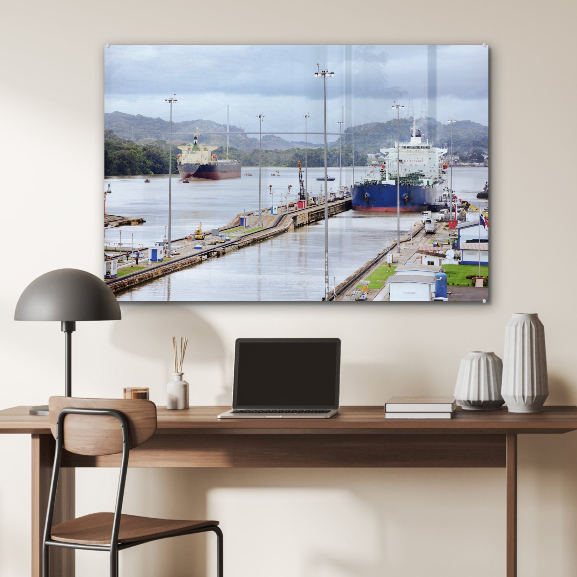 MuchoWow Acrylglasbild Wohnzimmer & St), des Schiff Panamakanals, Acrylglasbilder Schlafzimmer in (1 der Kanalschleuse