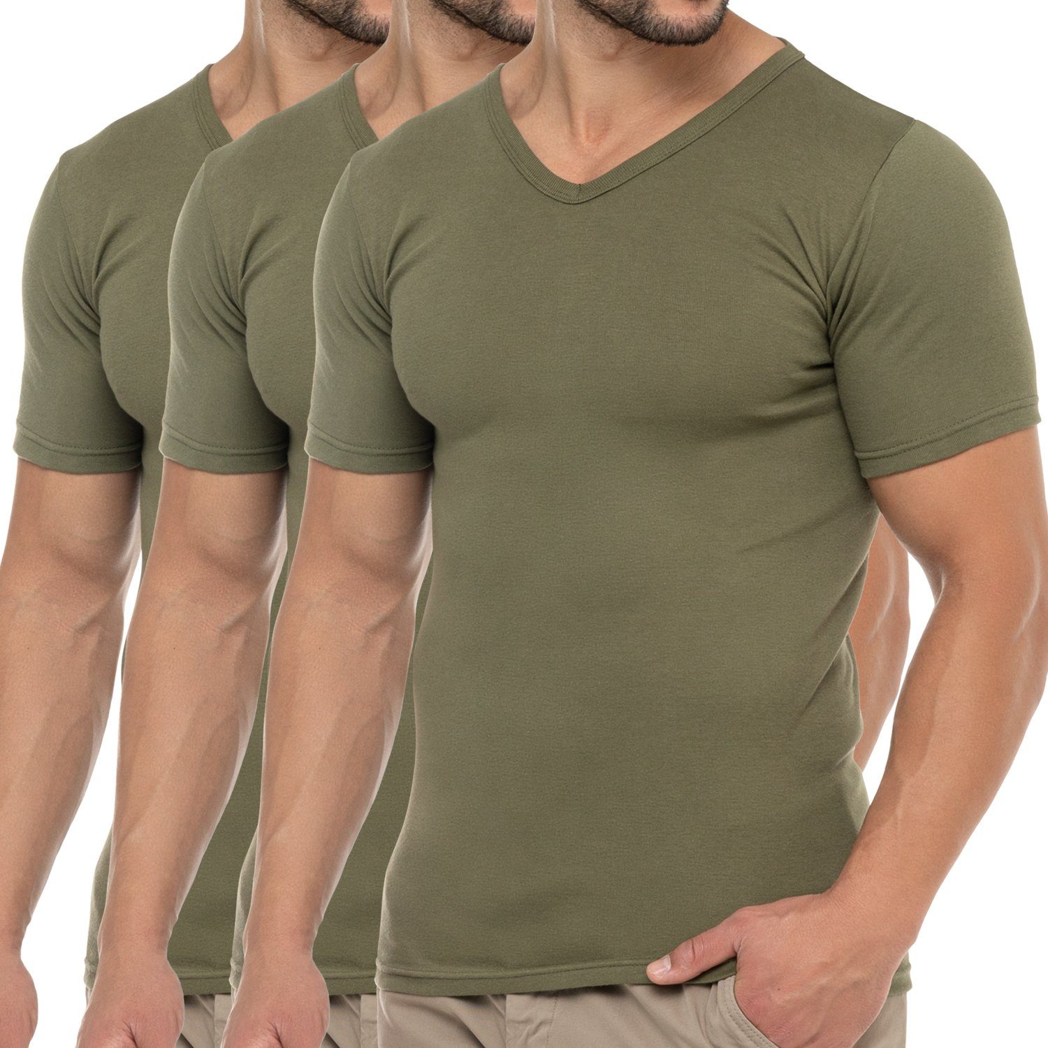 Herren celodoro (1er/3er) Olive Kurzarmshirt V-Neck Feinripp T-Shirt Business Baumwolle