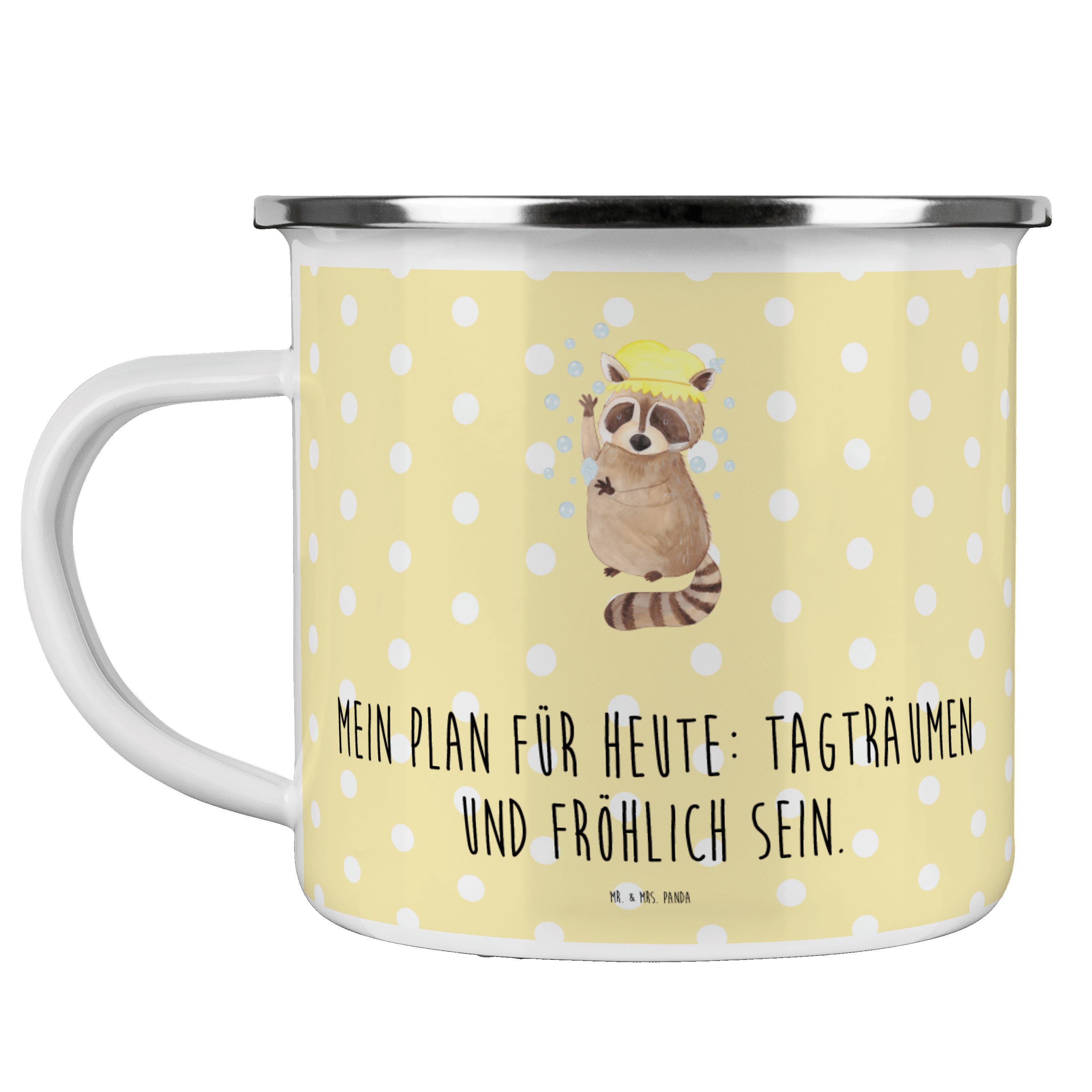 Mr. & Mrs. Panda Becher Waschbär - Gelb Pastell - Geschenk, Fröhlich, Campingtasse, Tiermotiv, Emaille