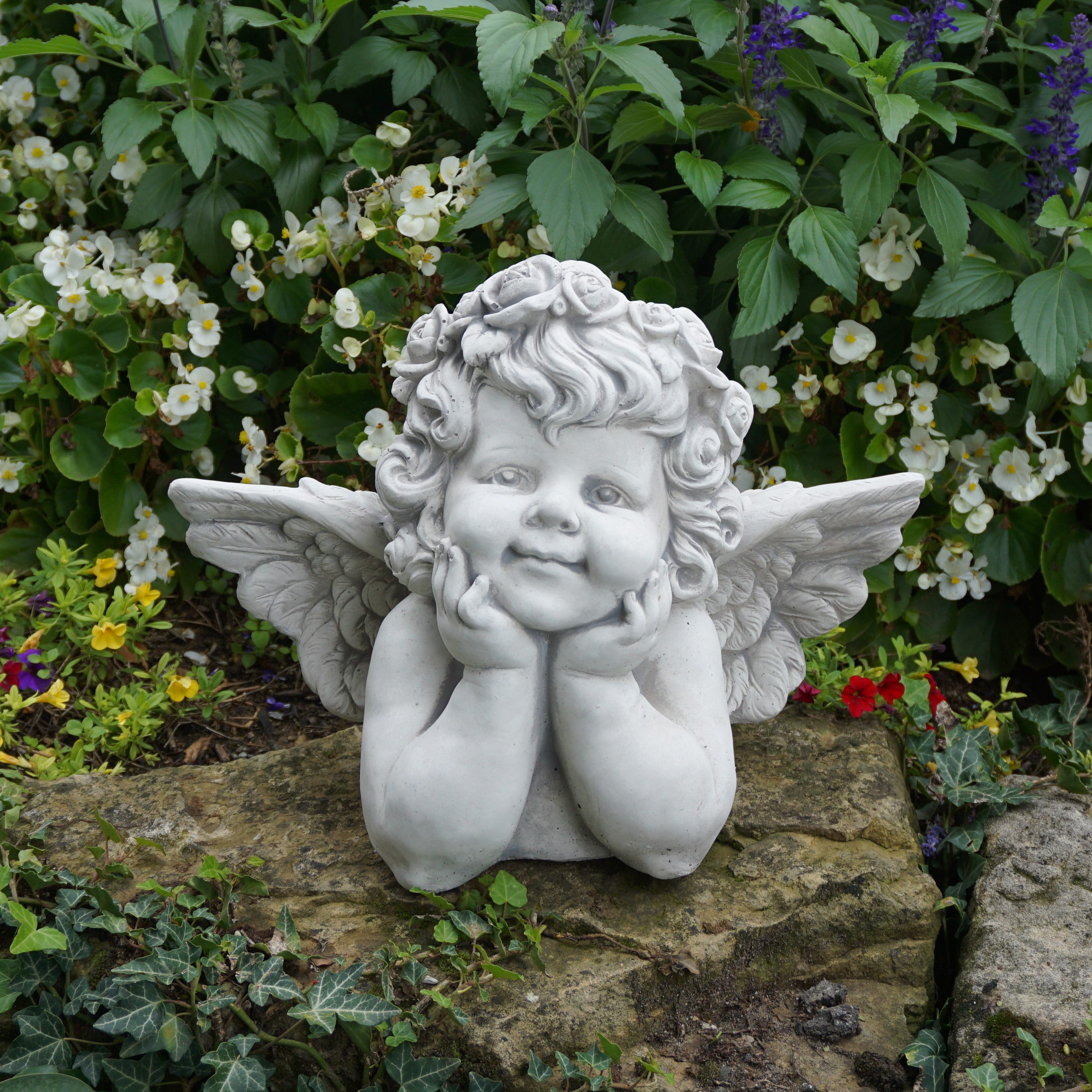 gartendekoparadies.de Gartenfigur Engel-Büste mit Flügeln für Grab, Steinfigur H. 30 cm, 15 kg, Frostsicher