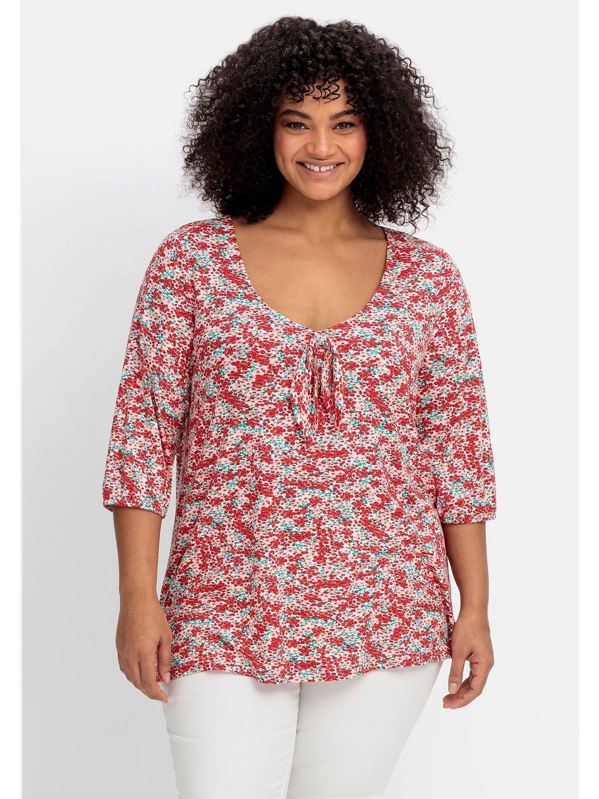 sheego by Joe Browns T-Shirt Allover-Blumendruck Ausschnitt Große tiefem mit und Größen