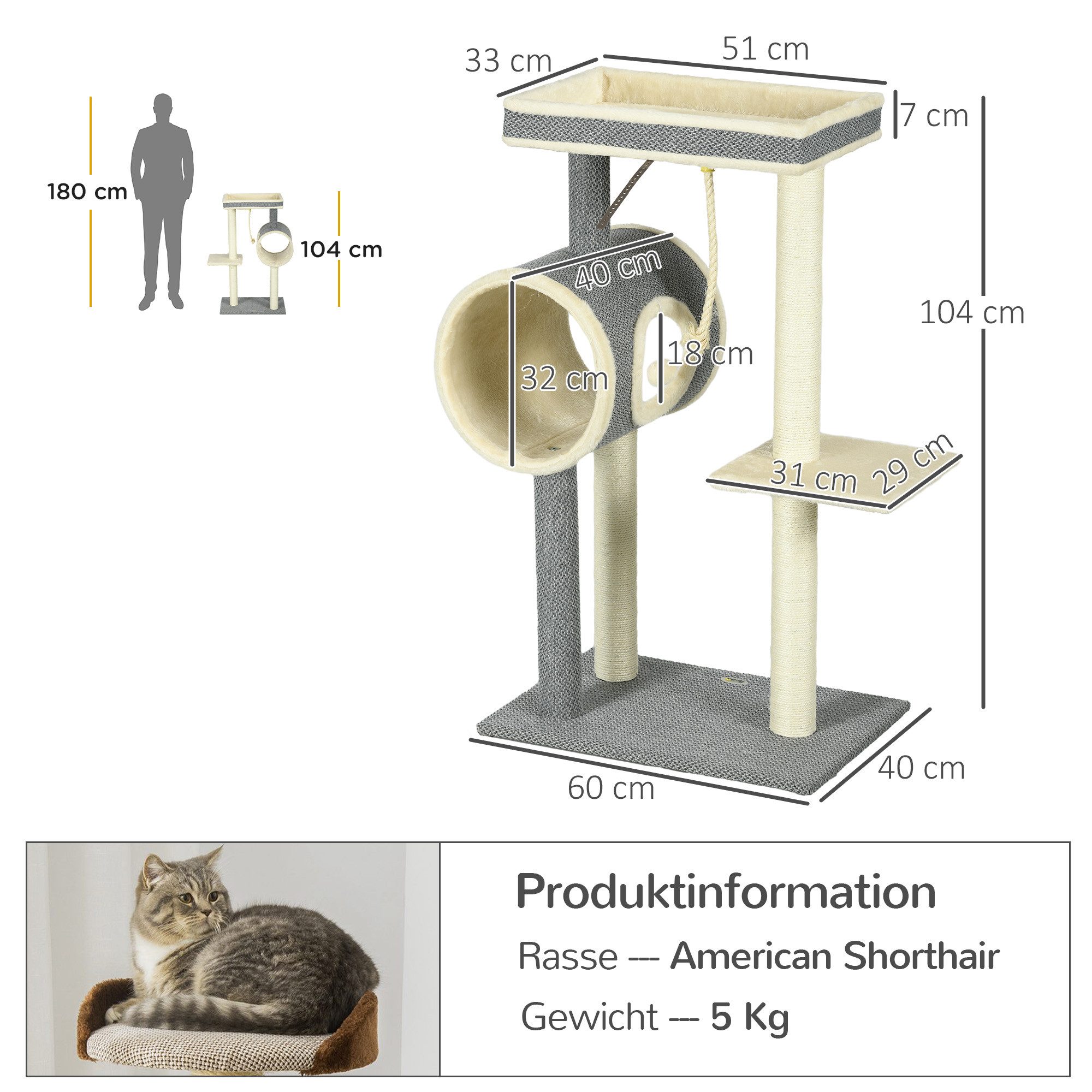 PawHut Kratzbaum Katzenbaum, Katzenkratzbaum mit Spielball, Katzenbaum, Sisal, Grau, 60L x 40B x 104H cm