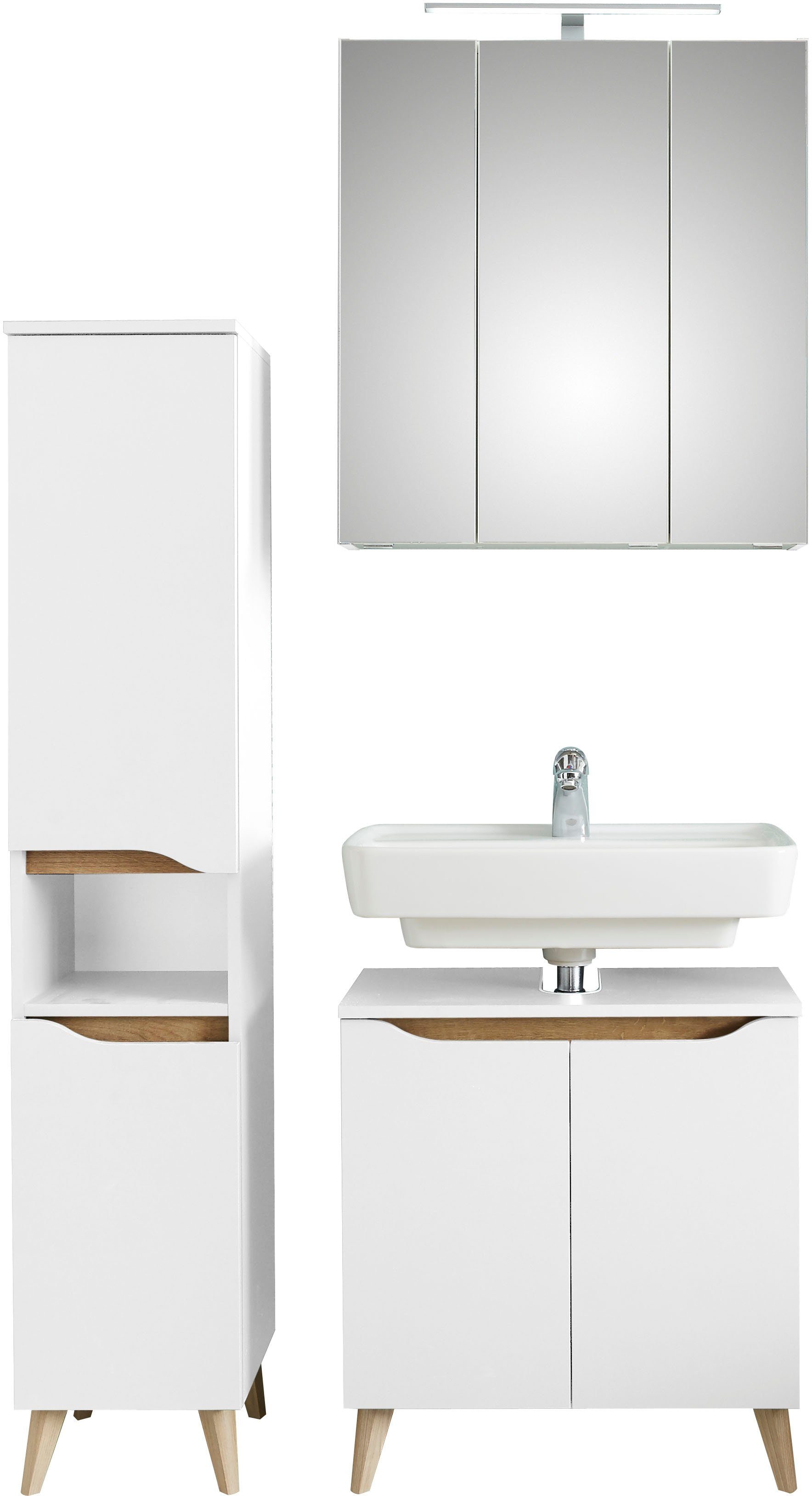 Badmöbel-Set Quickset 3-teilig, Waschbeckenunterschrank mit LED-Spiegelschrank