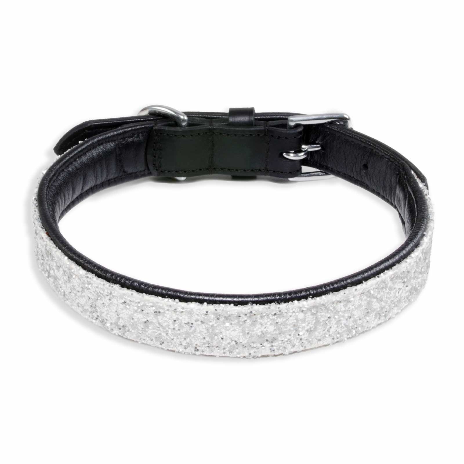 Monkimau Hunde-Halsband Hundehalsband Leder Halsband Hund schwarz mit weißen Pailletten S-XS, Leder