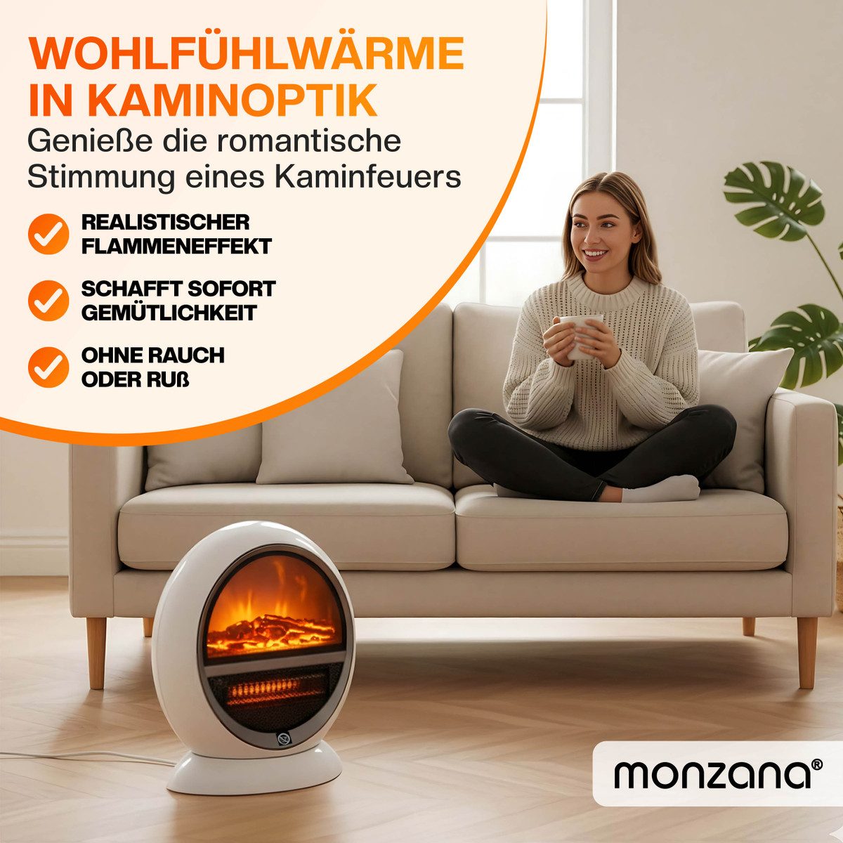 Deuba Heizlüfter, 1500 W, Kamin Optik Elektrokamin LED Flammen Effekt 2 Heizstufen weiß