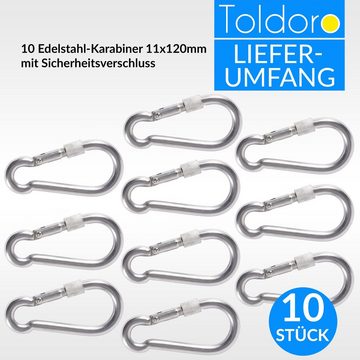 Toldoro Karabiner 10x 120mm Karabiner mit Sicherheitsverschluss, Karabinerhaken Edelstahl rostfrei, (10 St), 10x 120mm Karabiner mit Sicherheitsverschluss, Karabinerhaken Edelstahl rostfrei