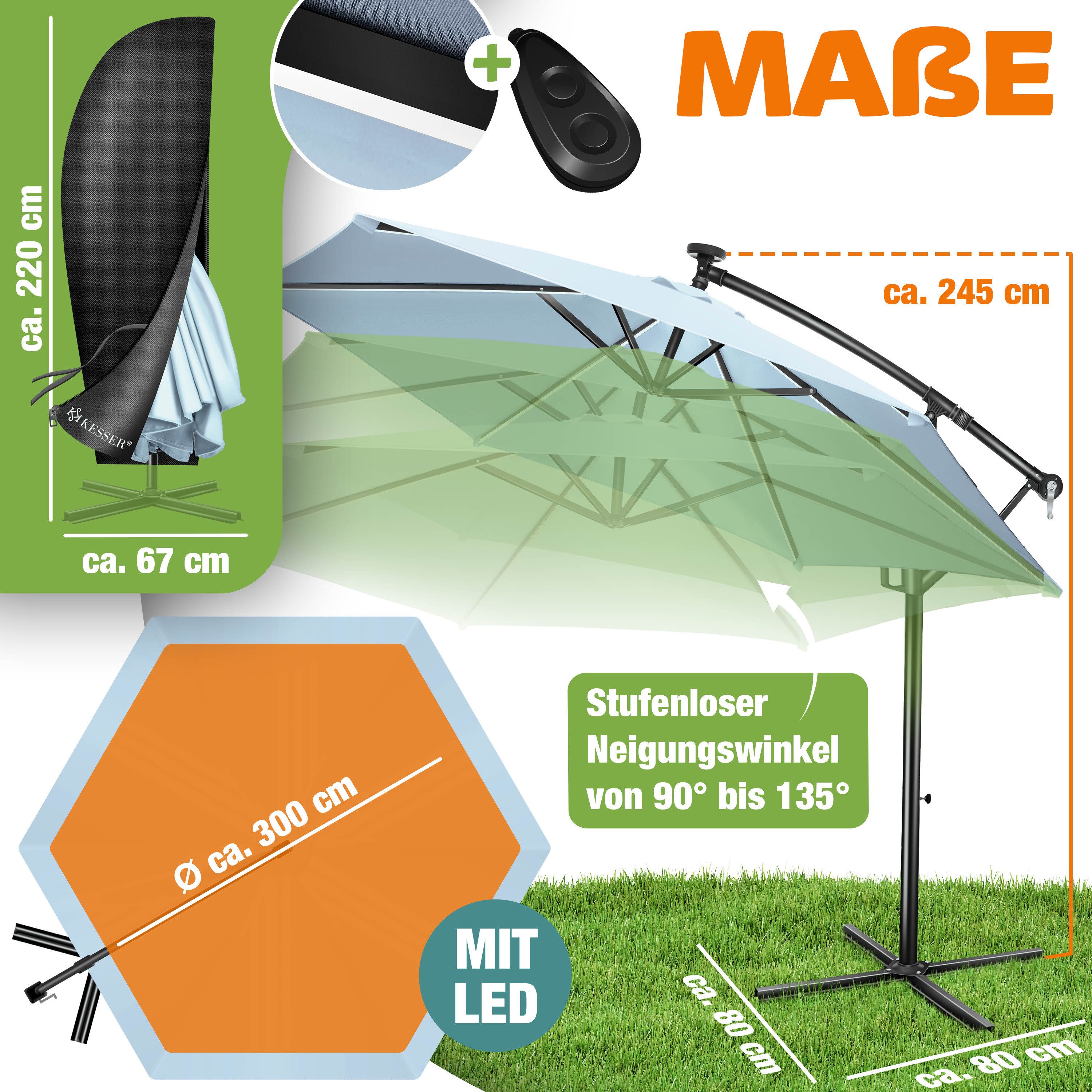 KESSER Ampelschirm ⌀300cm Alu Sonnenschirm mit LED Solar Inkl. Abdeckung & Fernbedienung, Kurbelschirm mit Ständer Wasserabweisend, 360° Funktion & UV-Schutz