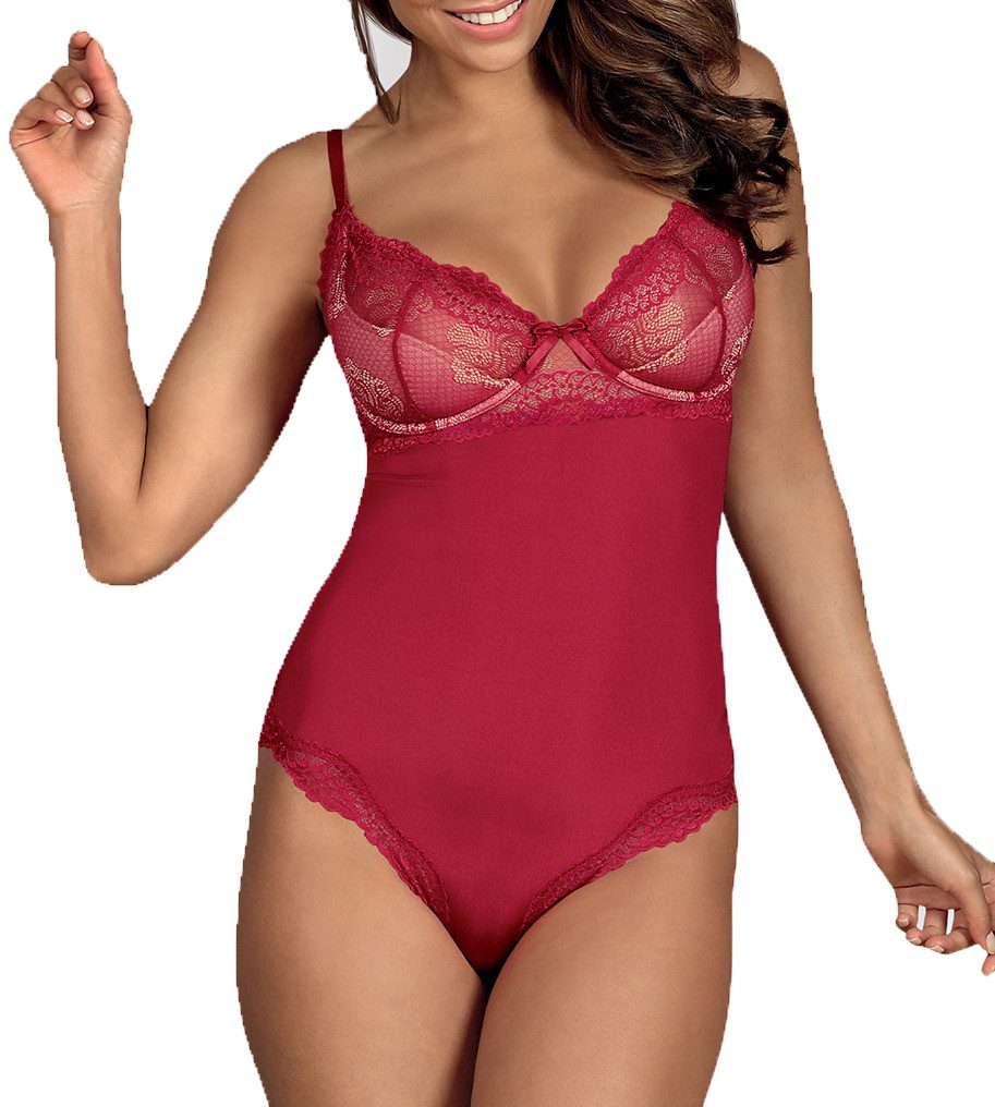 Obsessive Bodystocking-Ouvert Frauen Dessous Teddy Body in Rot mit Schleife aus Stretch und floraler