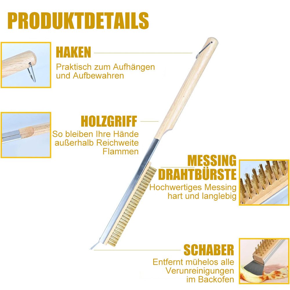 AFKSMILE Grillbürste Pizzaofen Bürste mit Edelstahl-Schaber, Grillbürste mit Messingborsten, Holzgriff mit Aufhängeöse, Reinigungsbürste für Outdoor Pizzaöfen – Bild 3 von 5