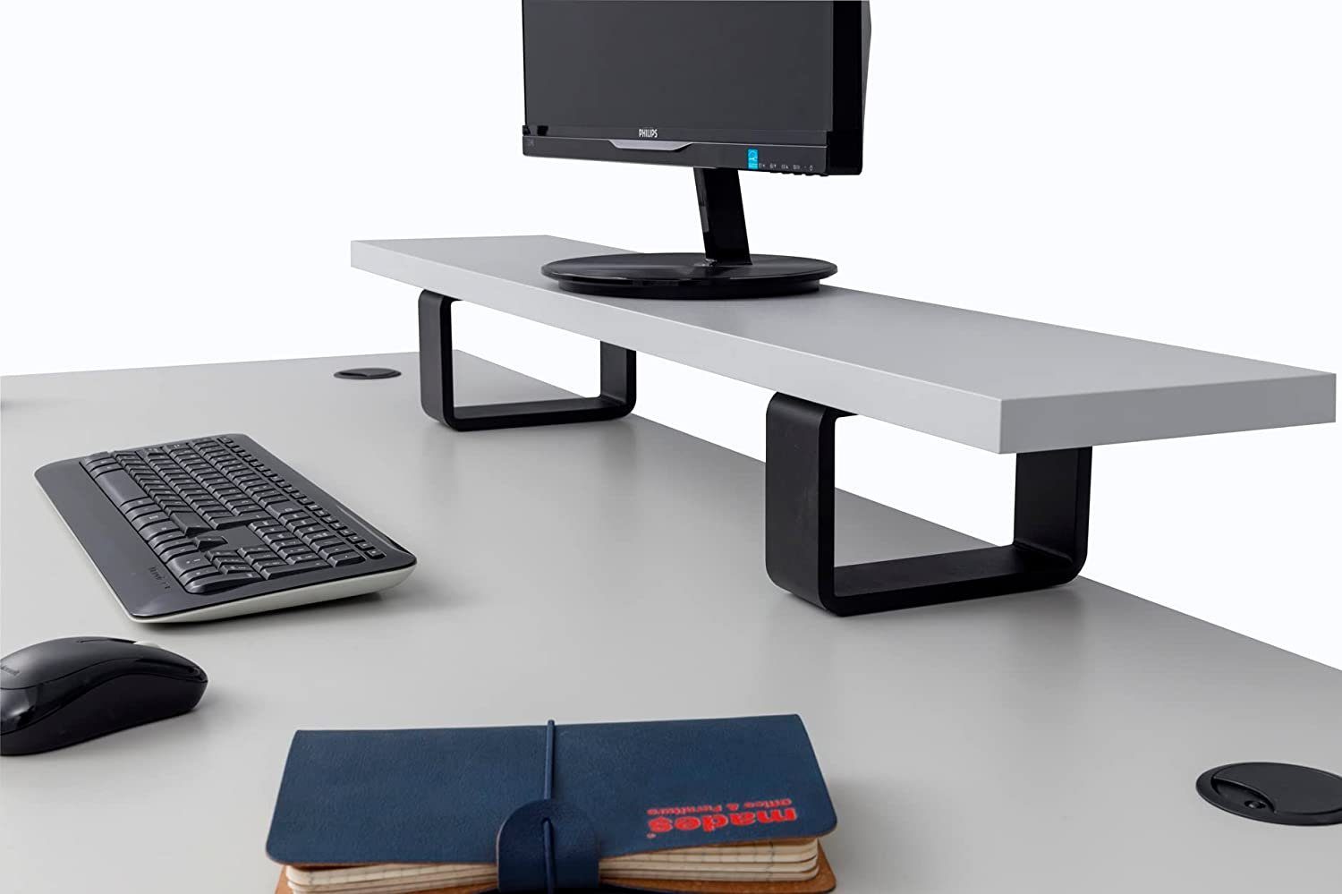 Schreibtisch Nuvi,180 inkl. Schreibtisch Monitorständer Kabelkanal, cm, grau Dekor Furni24