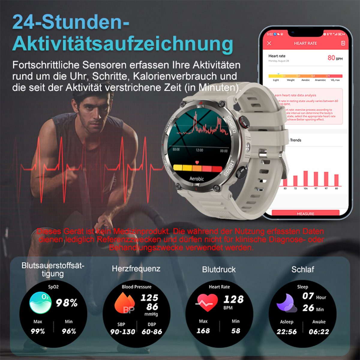 blackview Militärische Smartwatch für Herren mit Telefonfunktion, 960 mAh Akku Smartwatch (1.45 Zoll, iOS/Android), 1× Silikonarmband 1× Geflochtenes Armband 1× Magnetisches Ladekabel, 30 Tage Akkulaufzeit, LED-Taschenlampe, Kompass,150+ Sportmodi,IP68