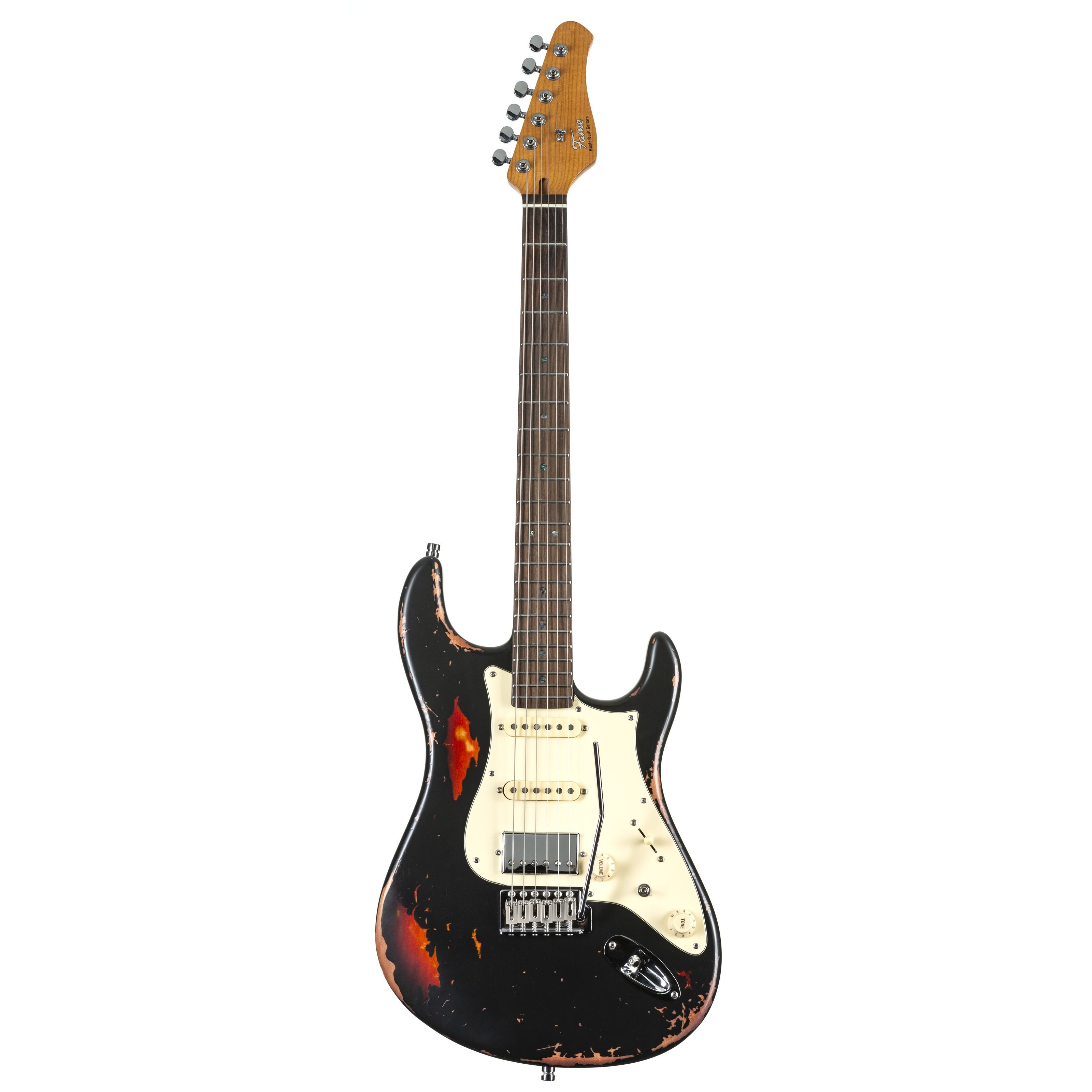 FAME E-Gitarre, E-Gitarren, ST-Modelle, Custom ST HSS RW Worn Licorice over Sunburst - E-Gitarre