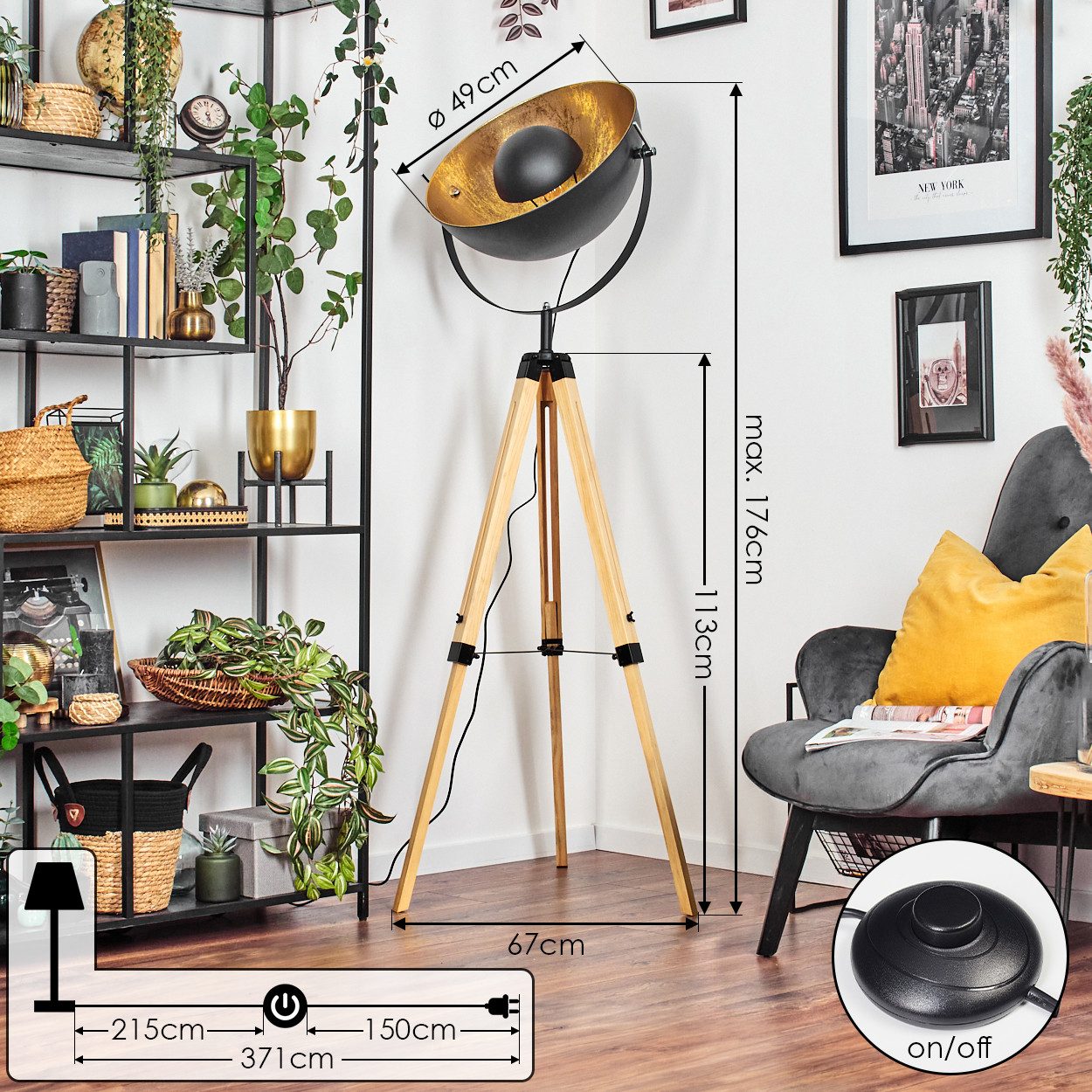hofstein Stehlampe Stehleuchte aus Holz/Metall in Naturfarben/Schwarz/Goldfarben, ohne Leuchtmittel, Leuchte im Boho-Style, Höhe 167 cm, Ø 40 cm, Fußschalter -  – Bild 4 von 5