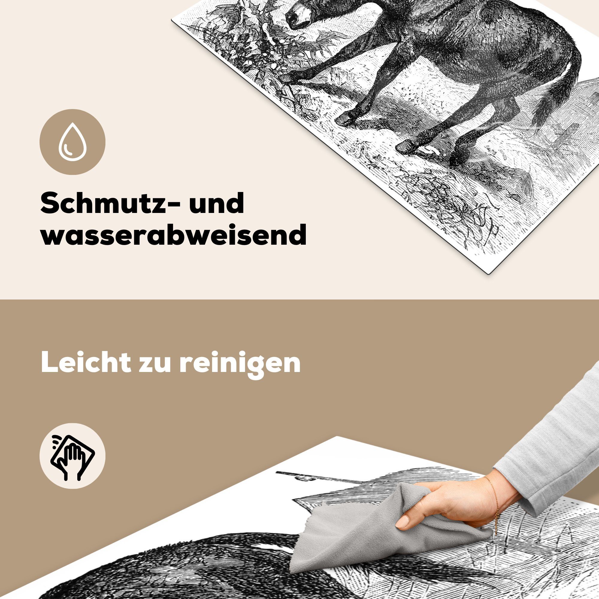 Herdblende-/Abdeckplatte (1 Esels 83x51 auf tlg), Illustration küche für Eine Vinyl, Arbeitsplatte eines cm, einem Ceranfeldabdeckung, MuchoWow Bauernhof,