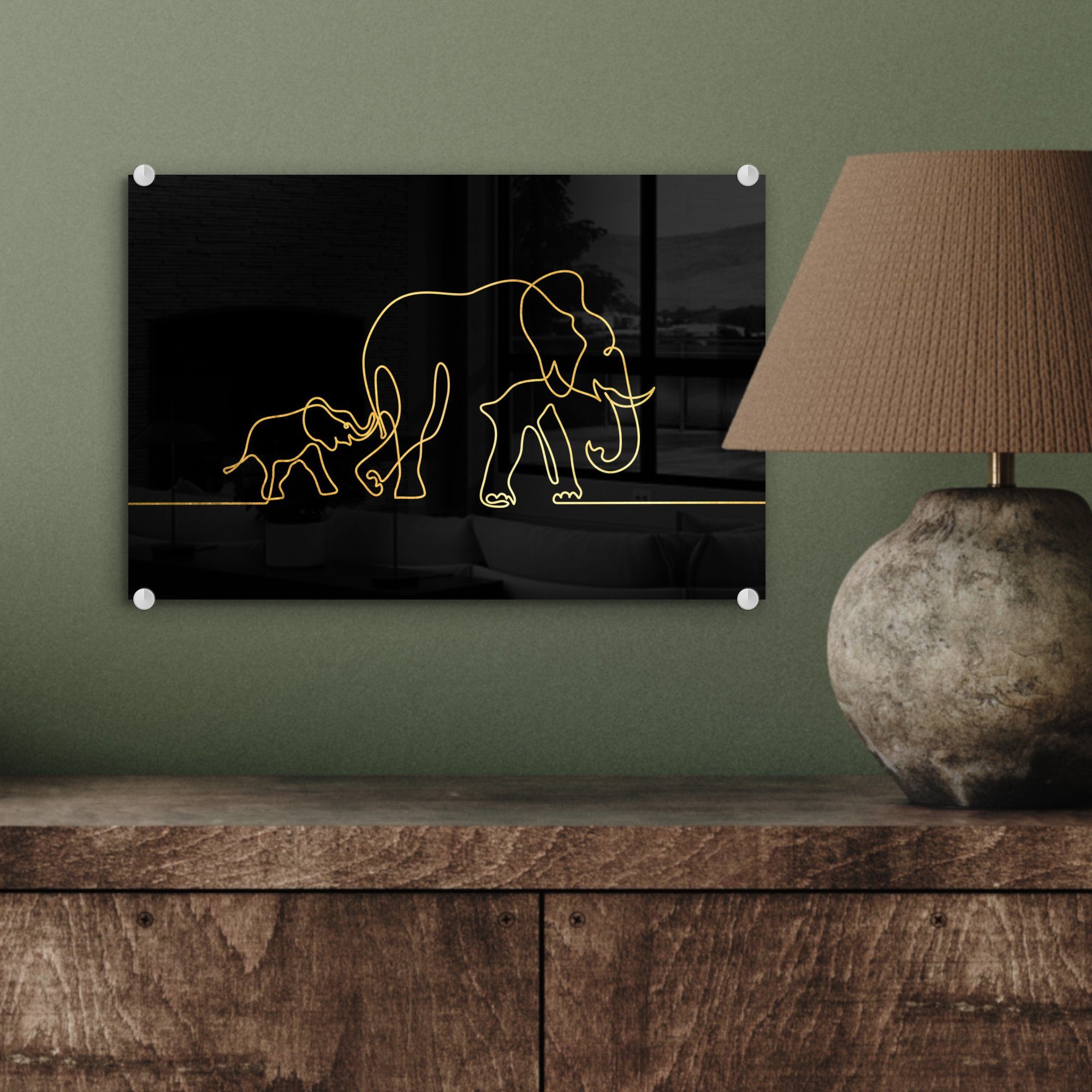 - St), Glas - - Schwarz - Acrylglasbild Foto - Glasbilder auf auf (1 MuchoWow Wanddekoration Minimalismus, Bilder Gold - Elefant Wandbild Glas