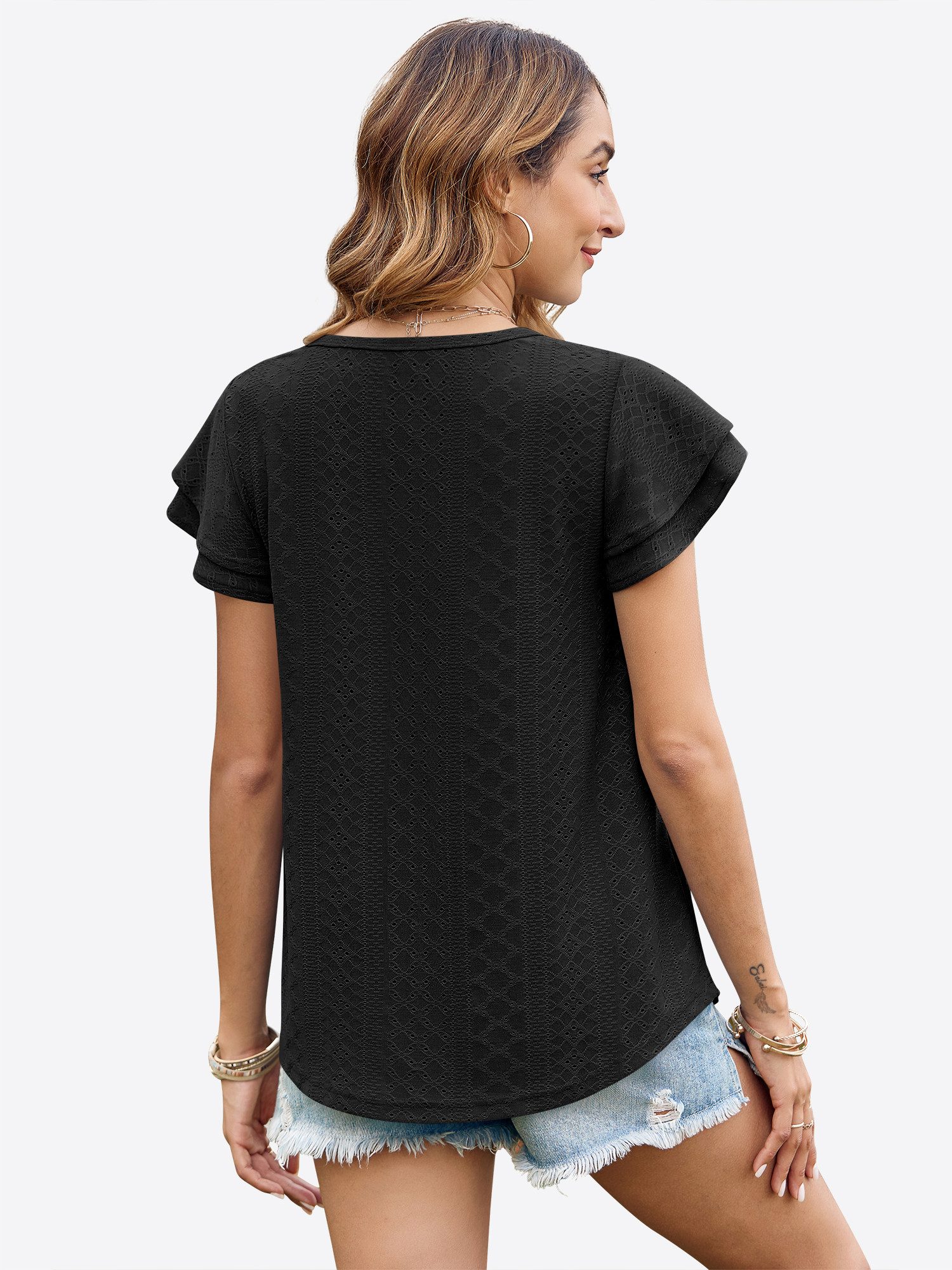 Imily Bela T-Shirt Damen mit Lochspitze und Rüschenärmeln Rundhals Sommer A günstig online kaufen