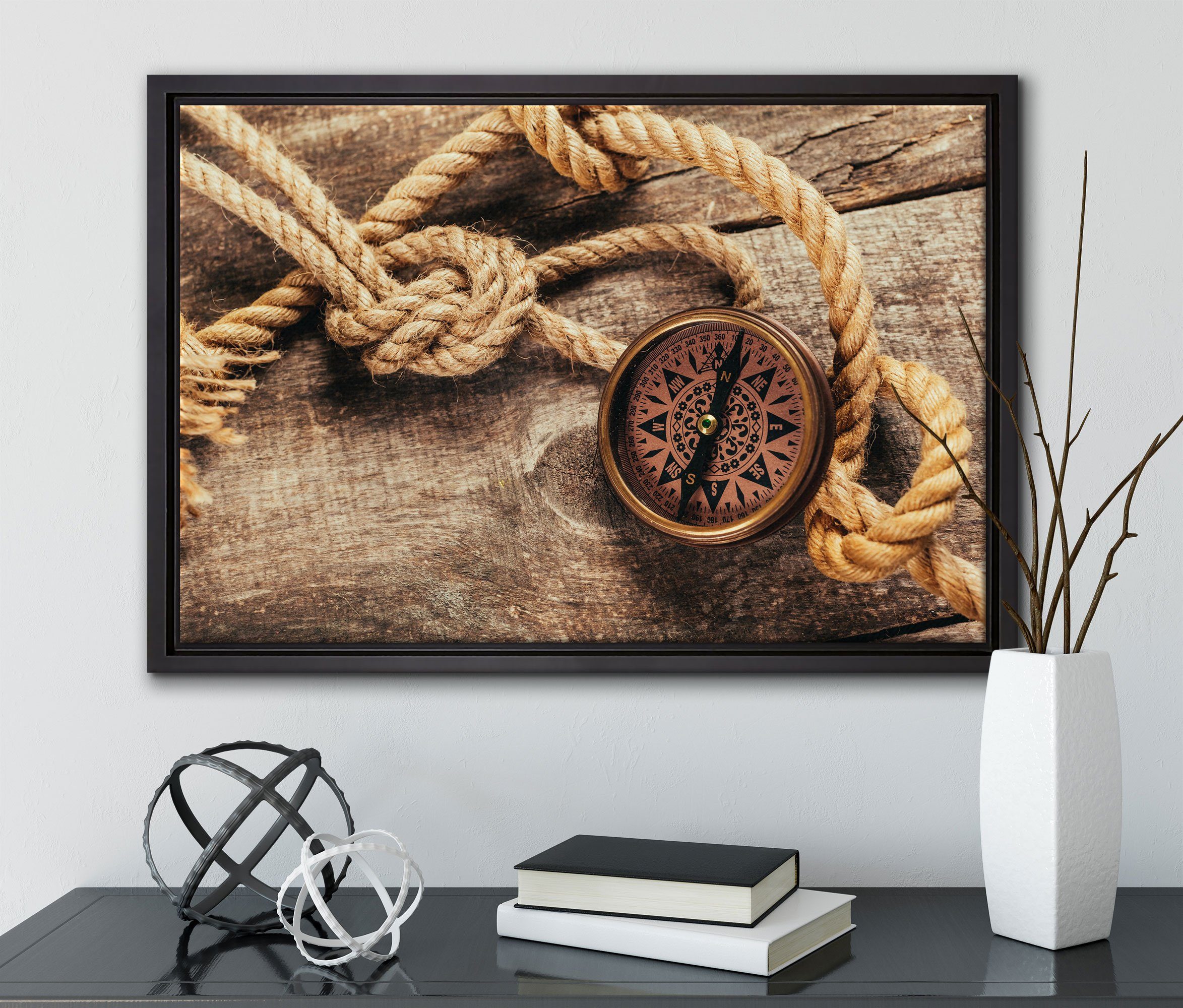 Pixxprint Leinwandbild Schiffseil und fertig Zackenaufhänger inkl. bespannt, einem St), Wanddekoration (1 gefasst, Leinwandbild in Kompass, Schattenfugen-Bilderrahmen