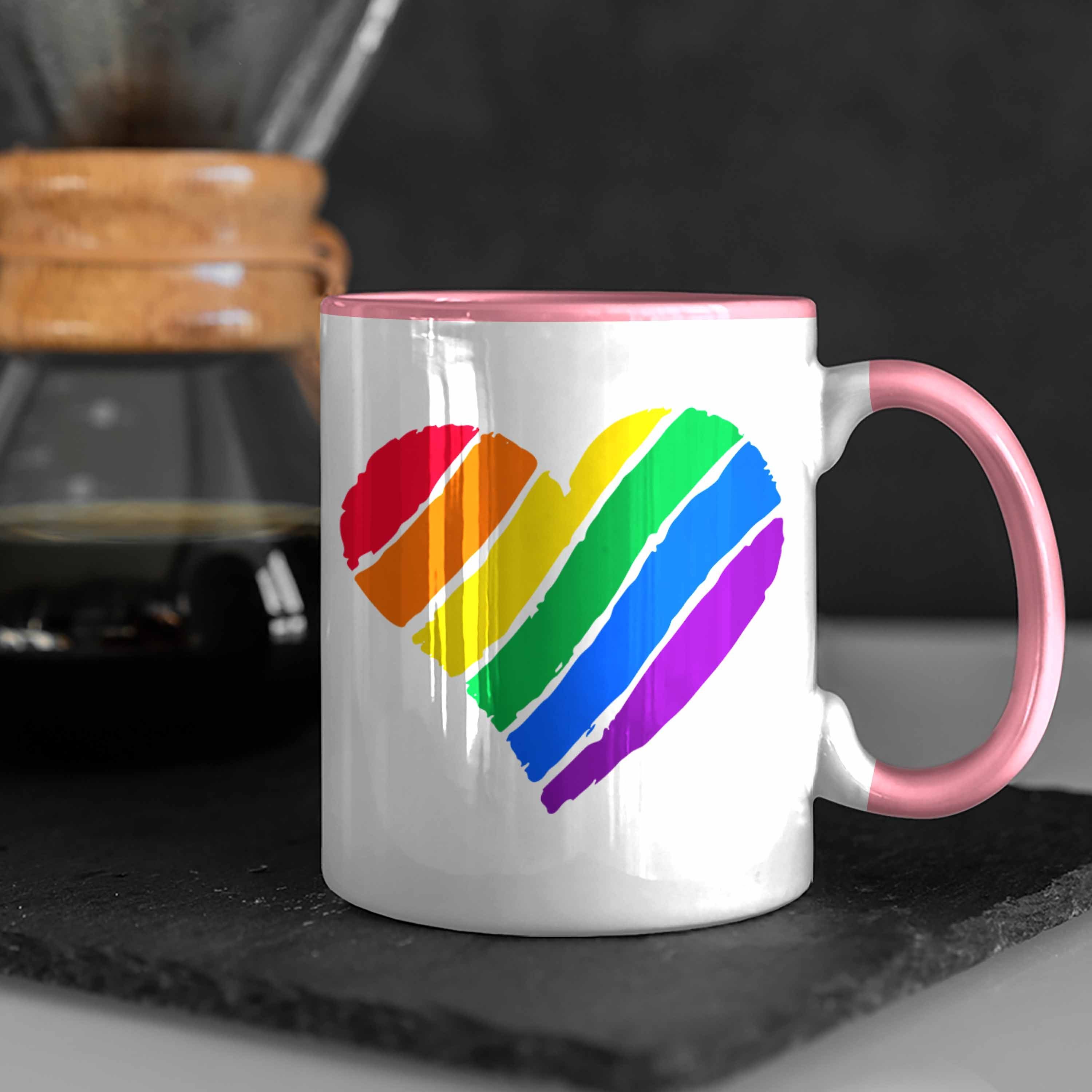 Trendation Tasse Herz Transgender Regenbogen Grafik Trendation - Tasse Pride LGBT Rosa Geschenk Lesben Schwule
