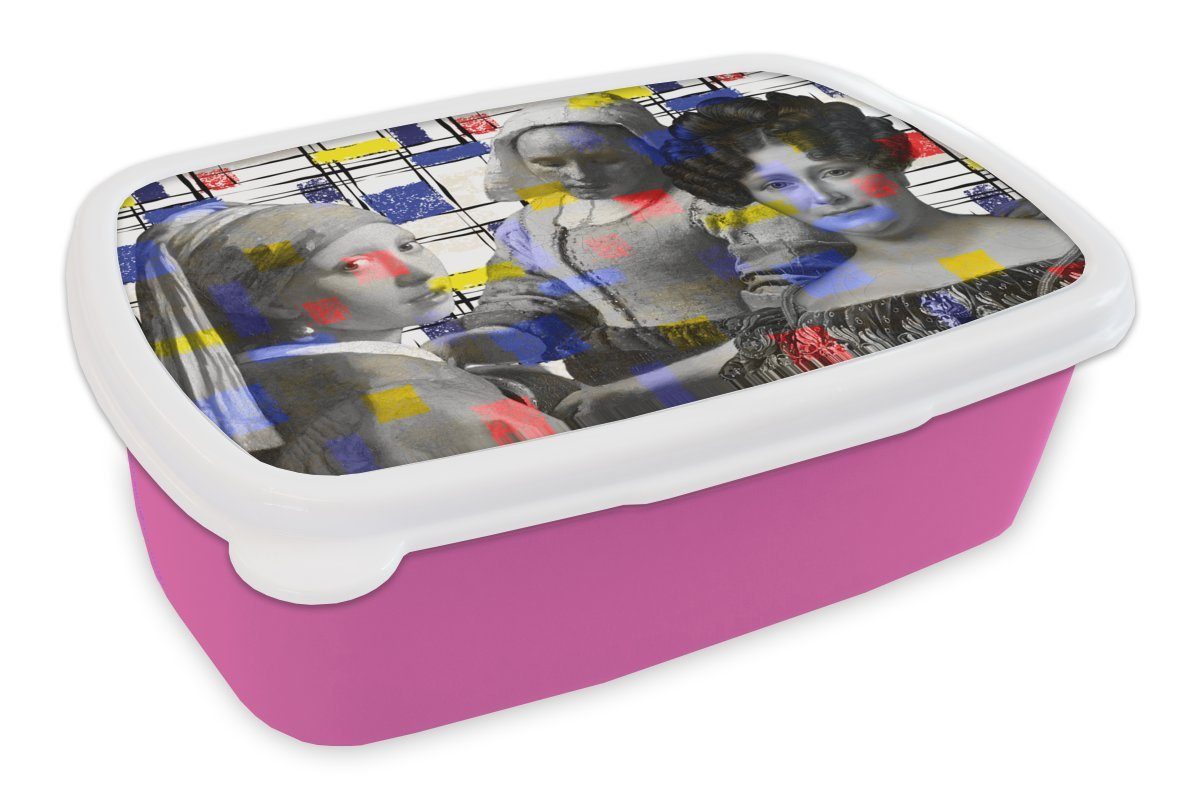 MuchoWow Lunchbox Collage - Mondrian - Gemälde, Kunststoff, (2-tlg), Brotbox für Erwachsene, Brotdose Kinder, Snackbox, Mädchen, Kunststoff rosa