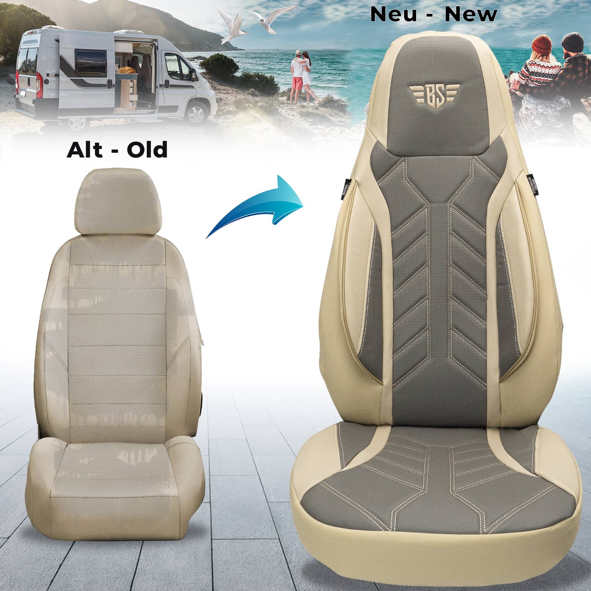 BREMER SITZBEZÜGE Autositzbezug für Chausson Twist Van V594 MAX (DPL509), Set, 2-tlg., Schonbezüge Sitzbezüge Fahrer und Beifahrer, in Beige/Grau
