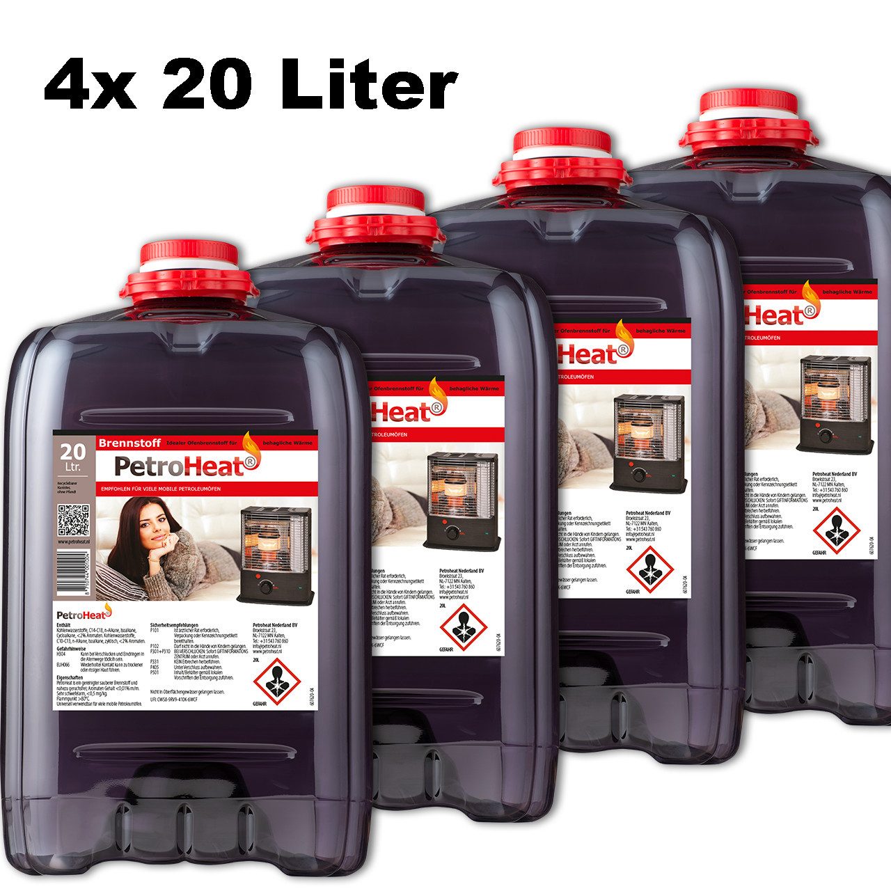 PetroHeat Petroleum 4 Kanister á 20 Liter Brennstoff für Petroleumofen, für mobile Petroleum-Heizung, Petroleumöfen, geruchsarm