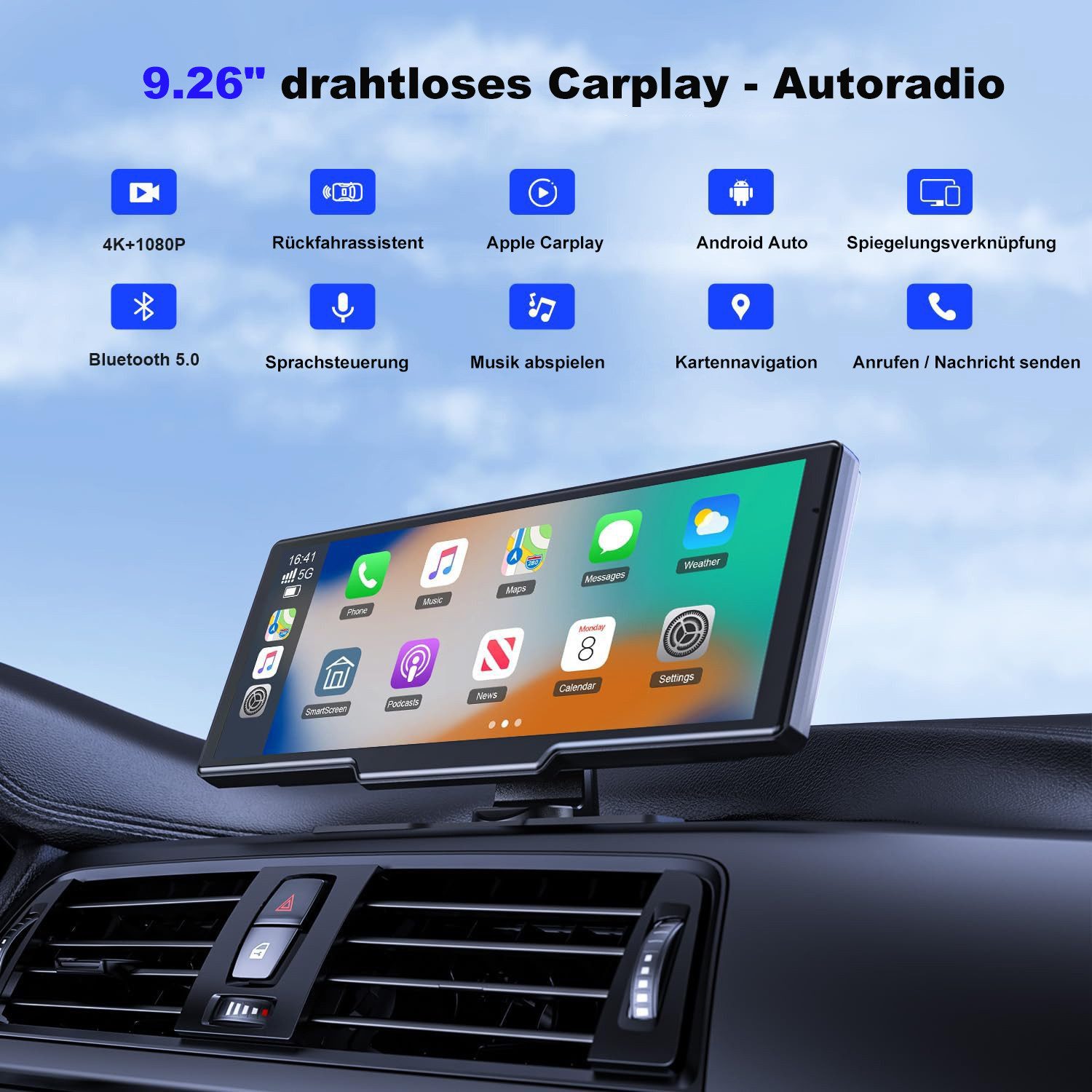 Topcony 9.26 Zoll Monitor & Dashcam Kamera Carplay für Auto LKW PKW Wohnmobil Dashcam (1600*1600 HD, WLAN (Wi-Fi), Android Auto, Sprachsteuerung, GPS-Navigation, Car-Audio-Receiver, mit 4K-Dashcam,tragbarem Auto-Stereo-Touchscreen,1080p-Rückfahrkamera)