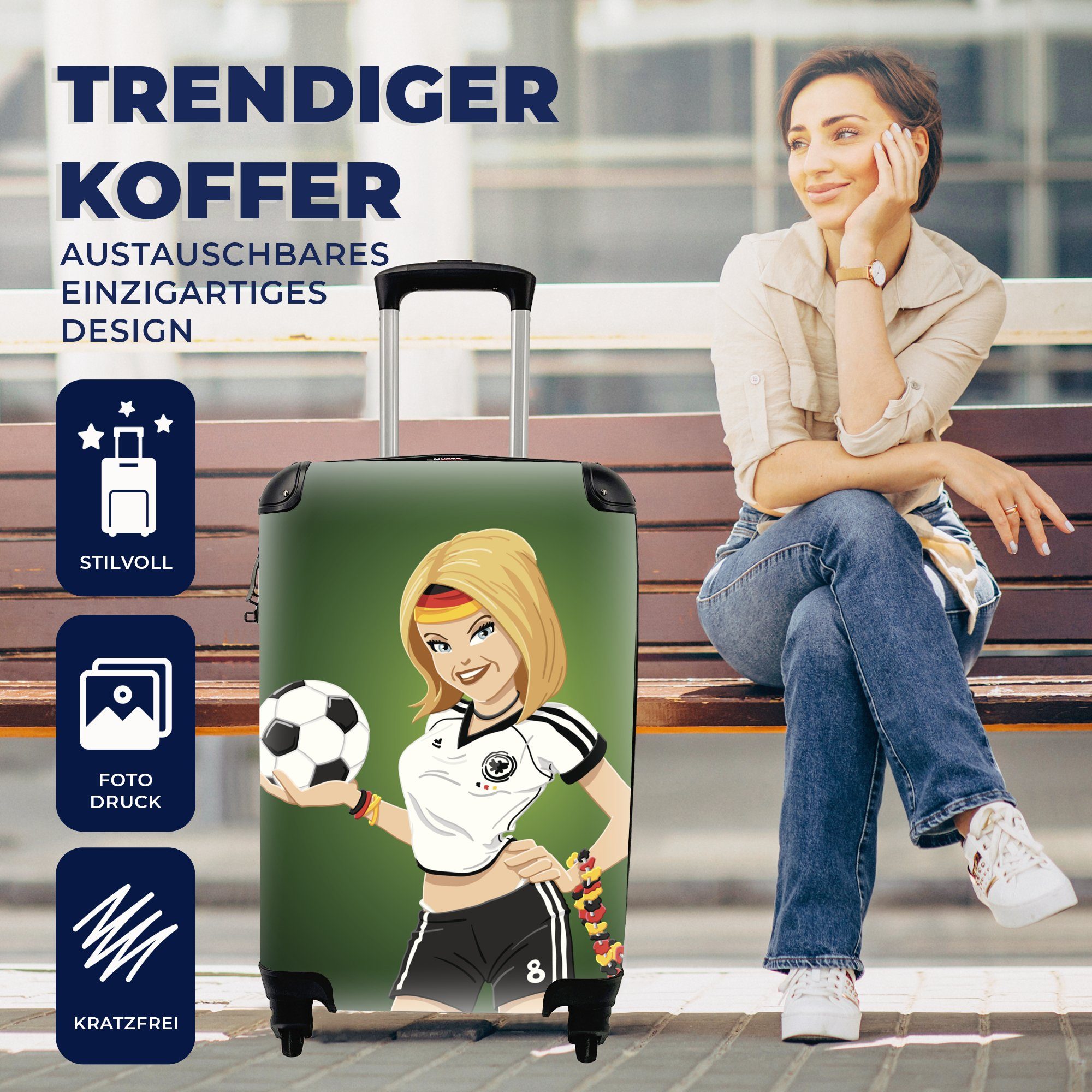 Kleidung Handgepäckkoffer -, einem eines Handgepäck Mädchens Illustration Trolley, Fußball für Ferien, Rollen, MuchoWow und rollen, 4 Reisekoffer mit mit deutscher Reisetasche
