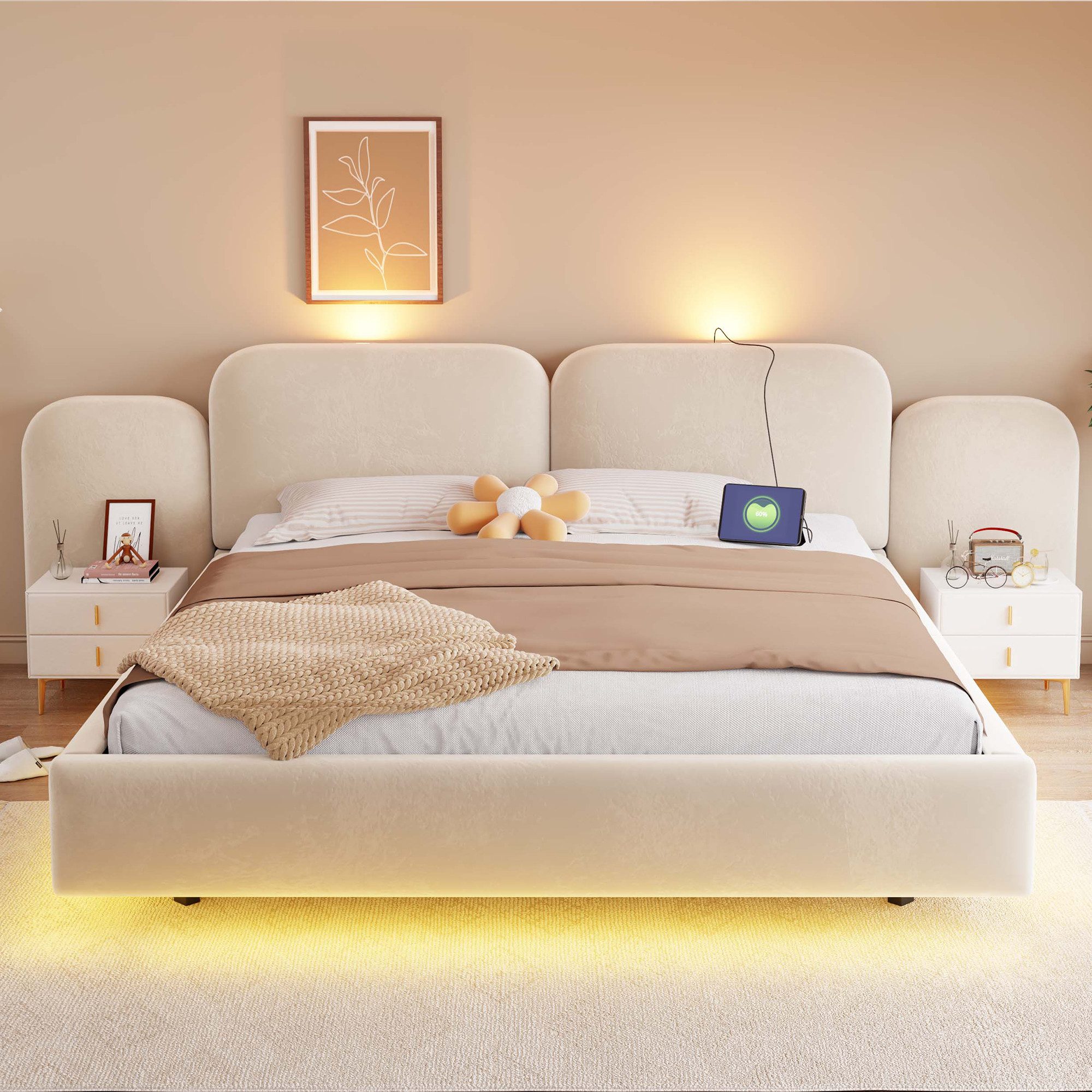 i@home Stauraumbett Polsterbett, doppelbett 180*200cm,Mit hydraulischem Stauraum, Beige (1-tlg), LED-Beleuchtung mit Ladeanschluss, Bequemem Kopfteil, Samtstoff – Bild 5 von 5