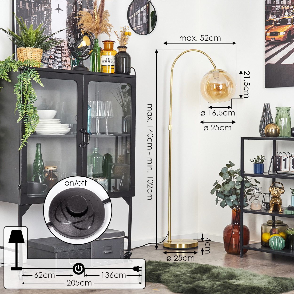 hofstein Stehlampe Stehlampe aus Metall/Glas in Messing/Bernstein, ohne Leuchtmittel, mit Glasschirm (25 cm) u. Fußschalter, 1 x E27, ohne Leuchtmittel