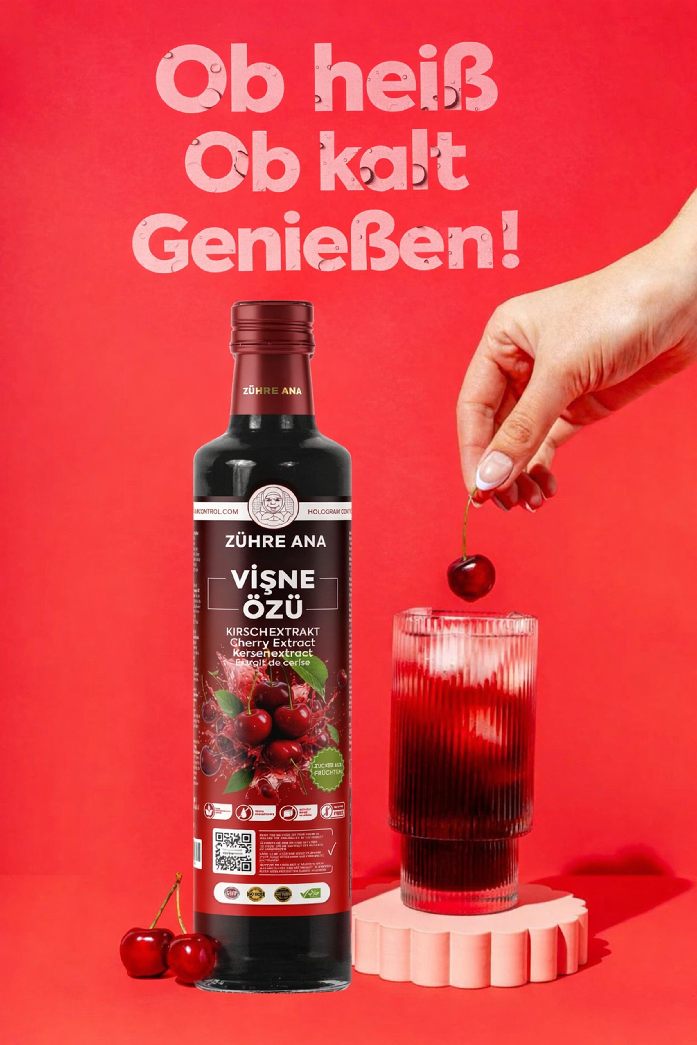 Zühre Ana® Sirup Kırsch Extrakt 640 g – 100 % Frucht, Konzentrat, Natürlich, 1+5, 640 g, Aroma und leicht säuerlicher Geschmack, Mischungsverhältnis: 1+5