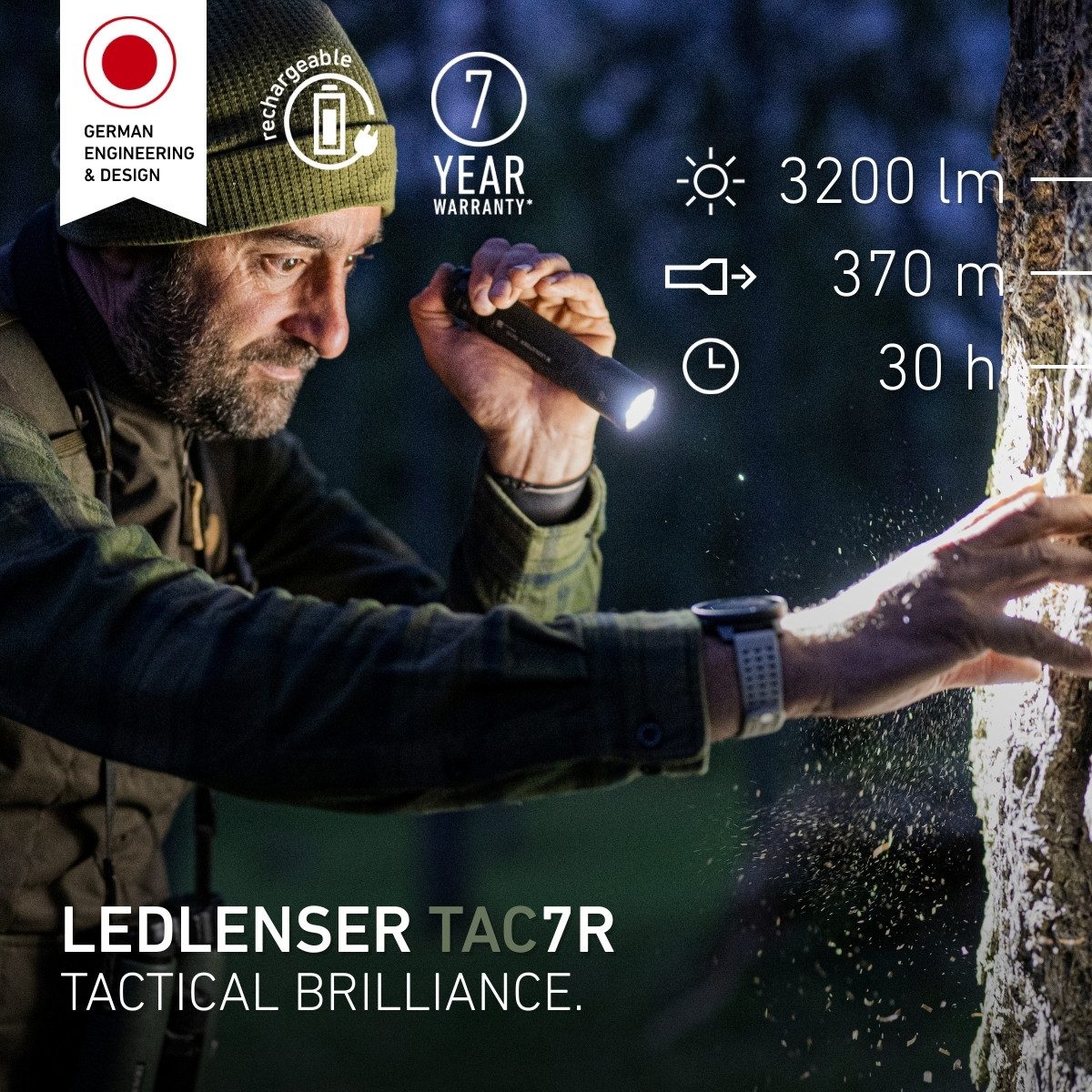 Ledlenser Taschenlampe TAC7R, Bis 3200 lm, 370m Leuchtweite, 10 Modi inkl. RGB & Strobe, USB-C, IP68