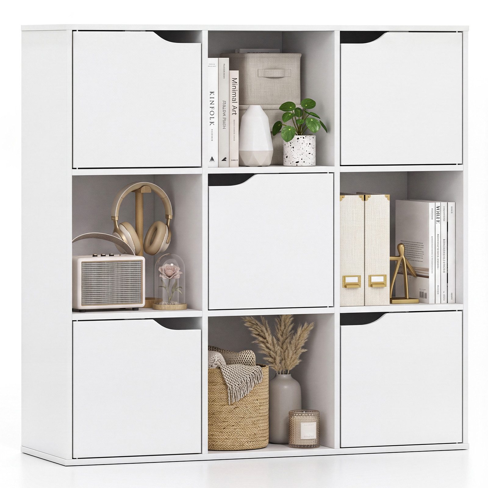 COSTWAY Bücherregal Holz Standregal mit 9 Würfeln & 5 Türen, Weiß 90x29x90cm