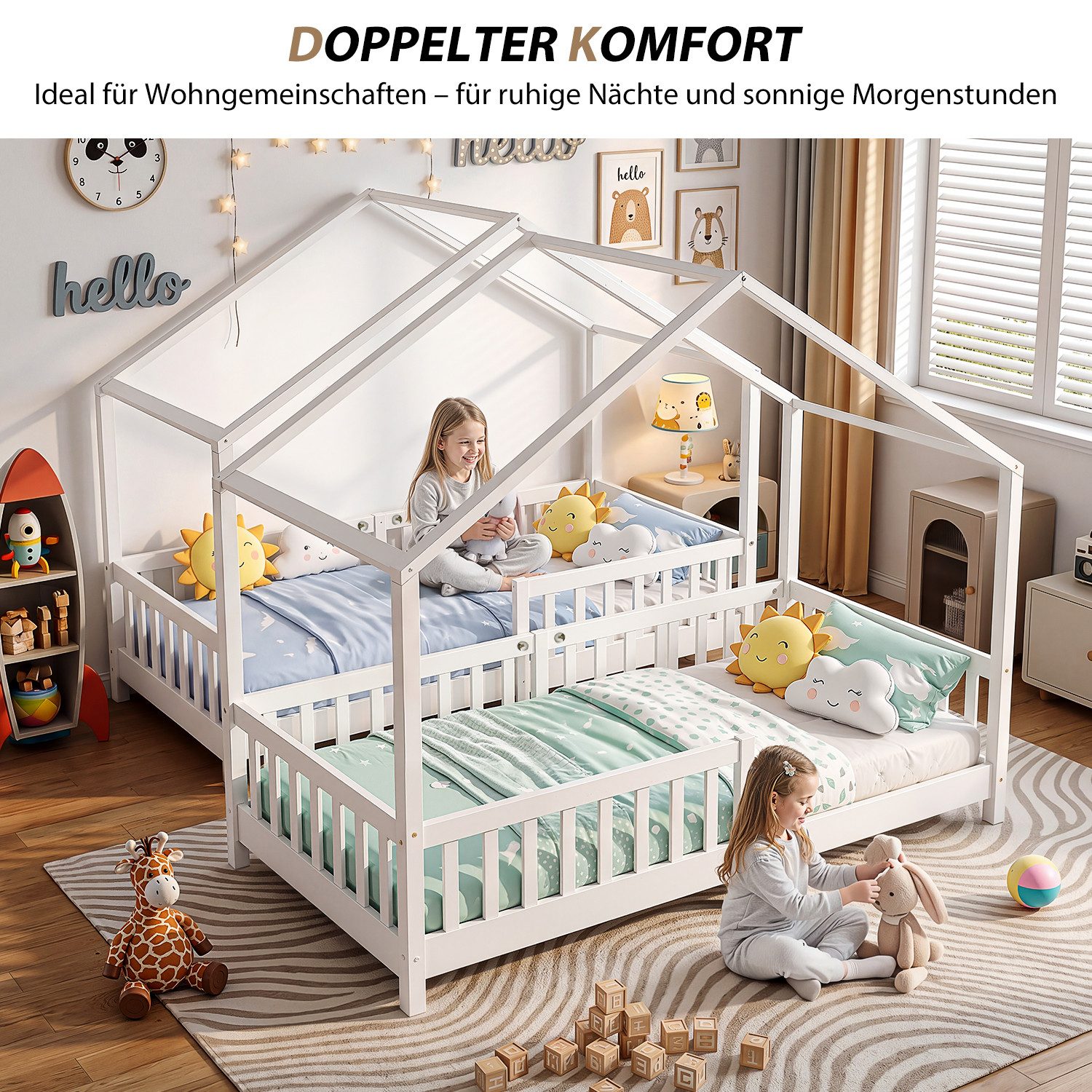 oyajia Kinderbett 90x200 cm Bodenbett Rausfallschutz abnehmbar bis 200 kg belastbar (Montessori Kinder- & Jugendbett aus Kiefer Massivholz), Bodenbett Hausbett  – Bild 5 von 5