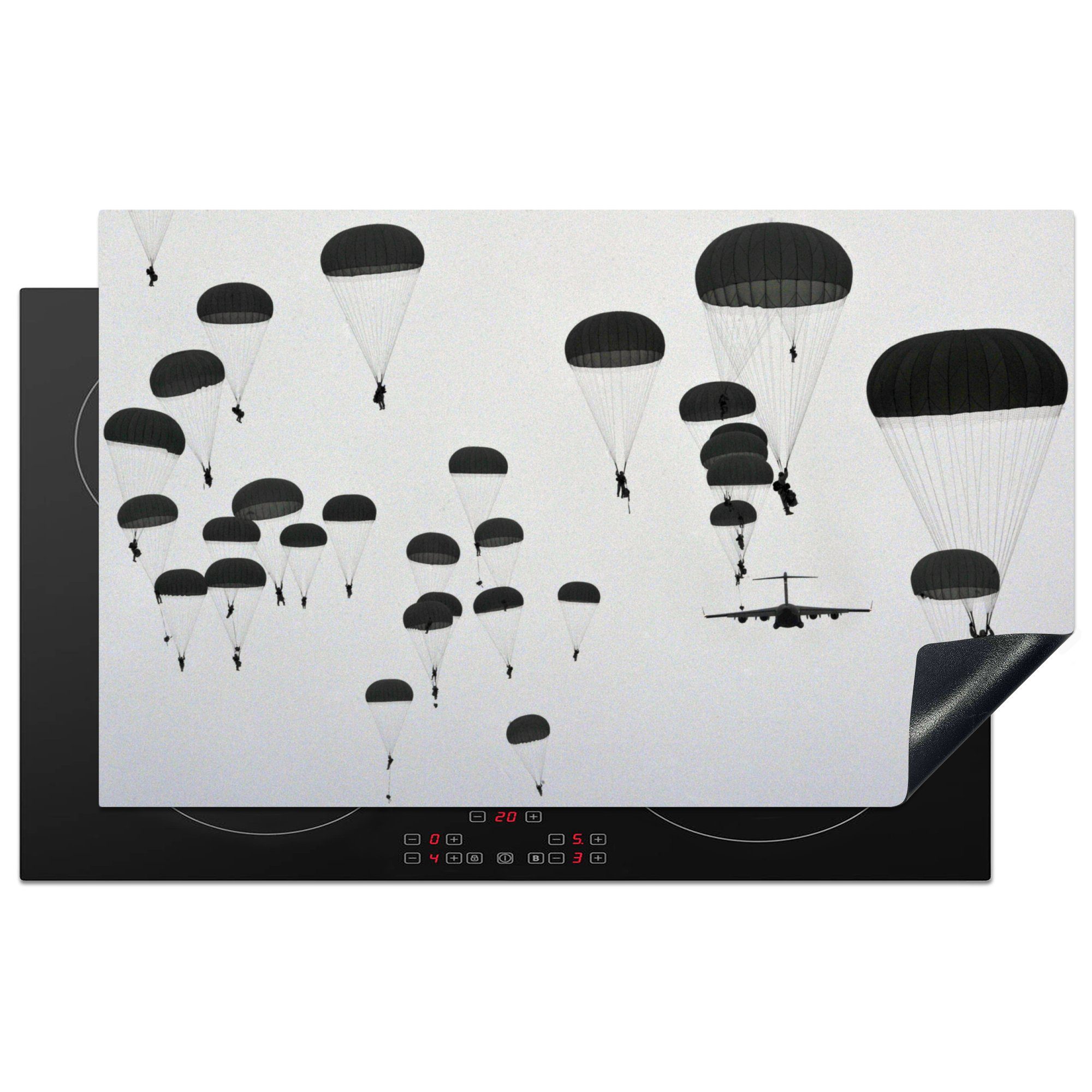 MuchoWow Herdblende-/Abdeckplatte Flugzeuge - Fliegen - Fallschirm, Vinyl, (1 tlg), 83x51 cm, Ceranfeldabdeckung, Arbeitsplatte für küche