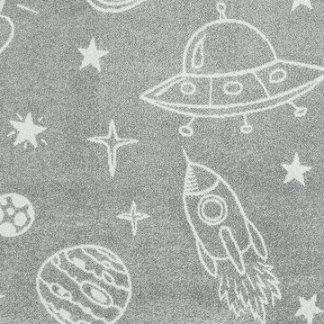 Teppich Kinderzimmerteppich grau weich Weltraum Raumschiff Stern Planet weiß, Teppich-Traum, rechteckig, Höhe: 9 mm