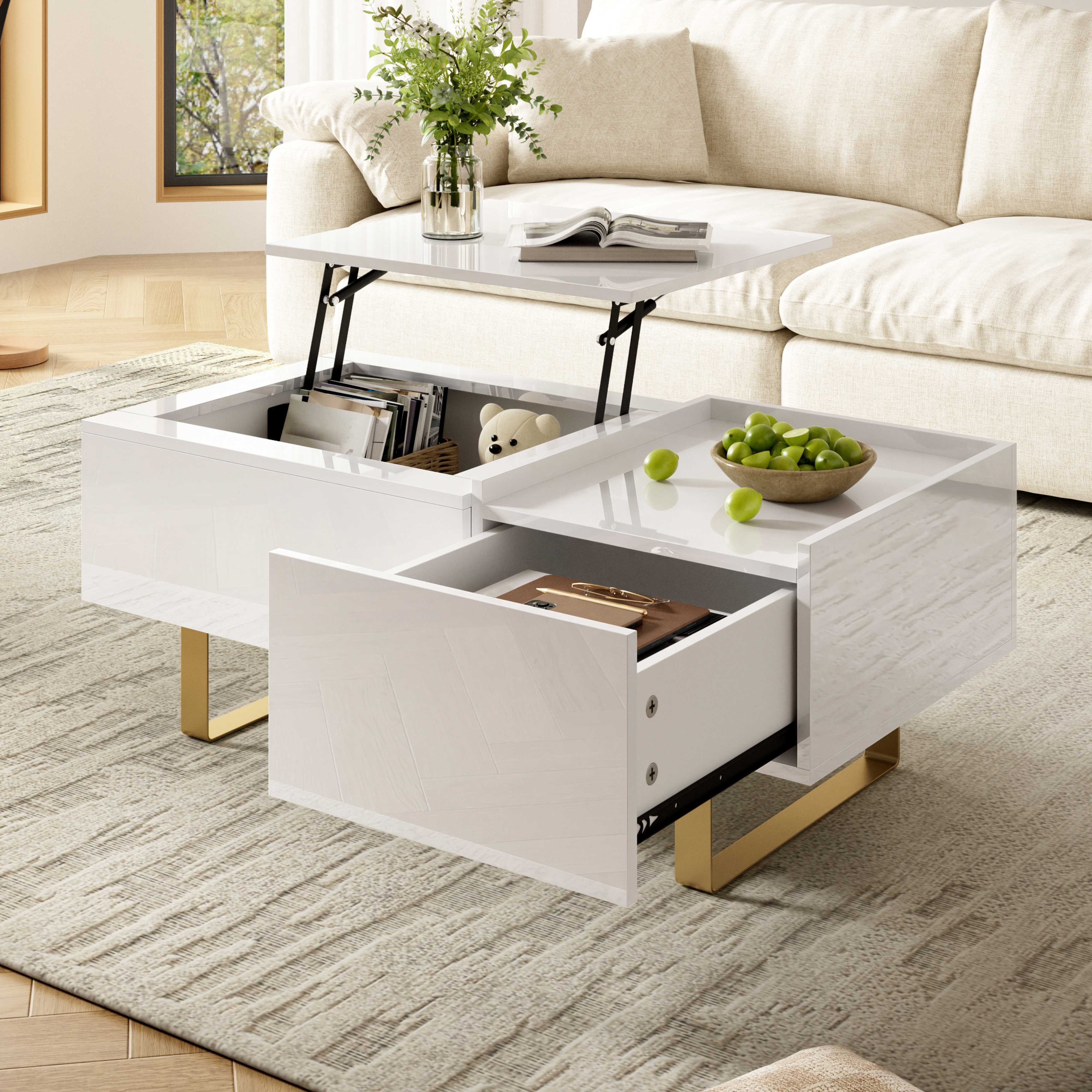 BlingBin Couchtisch Höhenverstellbar, Wohnzimmertisch mit Liftplatte 100x50 cm (1-St., verborgenes Staufach, ausziehbare Schublade,abgesenkte Tablettablage), Multifunktion, aufklappbar,für Wohnzimmer & Home Office