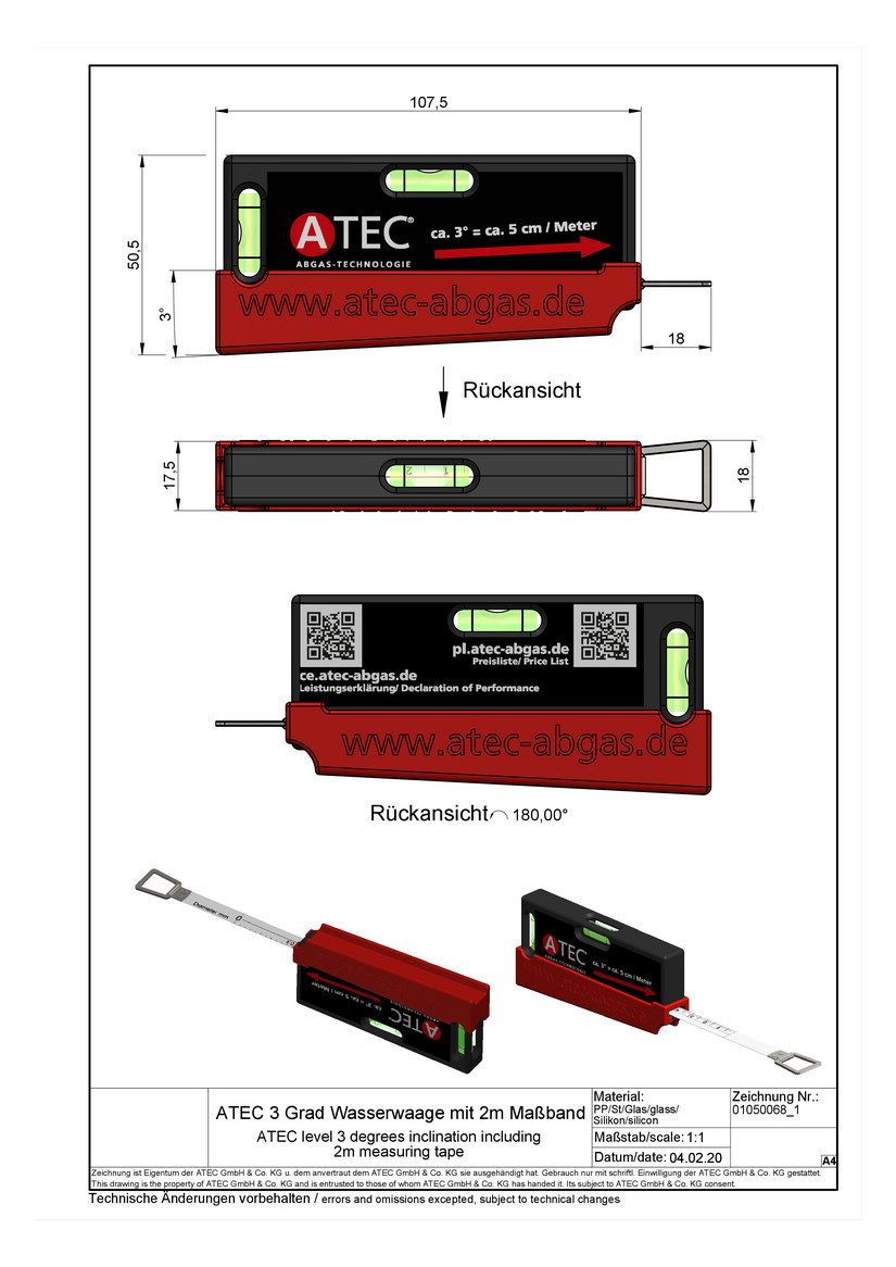 ATEC Abgastechnologie PP-Rohr ATEC 3 Grad Wasserwaage mit 2m Maßband 1050068