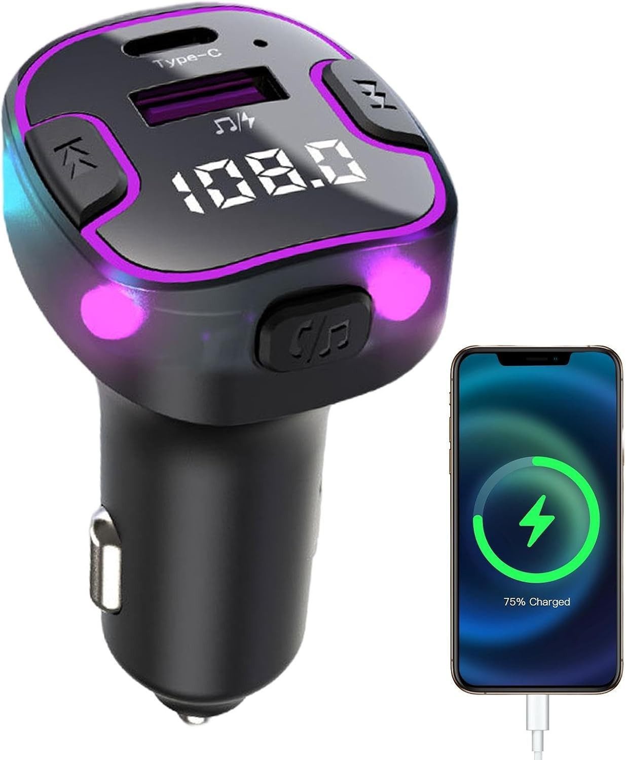 neue dawn Auto Ladegerät KFZ Zigarettenanzünder USB C FM Transmitter Bluetooth KFZ-Netzteil (15W Schnell Ladegerät, FM Transmitter, Bluetooth 5.3, USB-C,USB A)