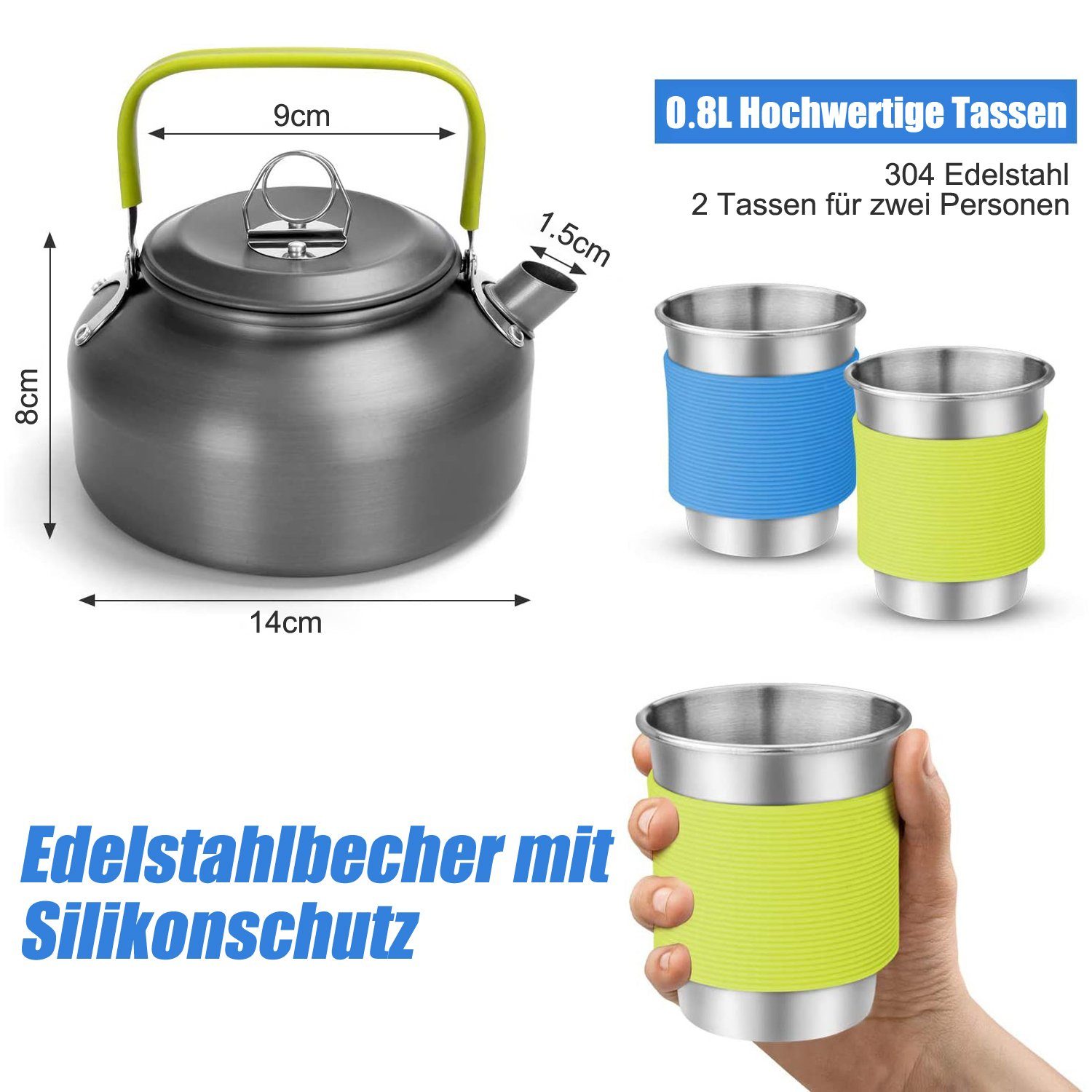 OSTWOLKE Geschirr-Set Camping Kochgeschirr Set Outdoor Geschirr Set Kochtopf Picknick Topf, 2 Personen, Aluminium, mit Teekanne